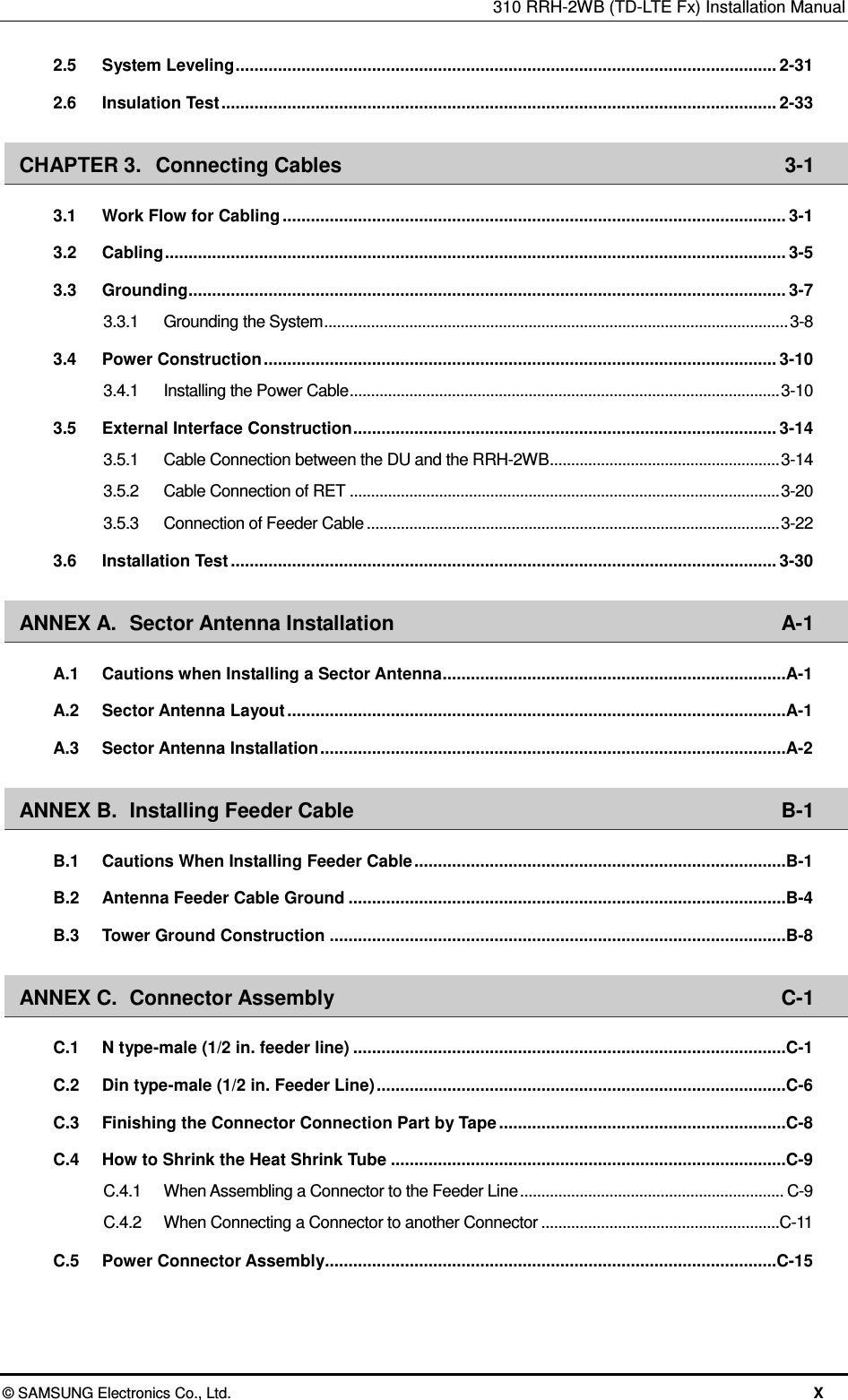 310 RRH-2WB (TD-LTE Fx) Installation Manual  © SAMSUNG Electronics Co., Ltd.  X 2.5 System Leveling ................................................................................................................... 2-31 2.6 Insulation Test ...................................................................................................................... 2-33 CHAPTER 3. Connecting Cables  3-1 3.1 Work Flow for Cabling ........................................................................................................... 3-1 3.2 Cabling .................................................................................................................................... 3-5 3.3 Grounding ............................................................................................................................... 3-7 3.3.1 Grounding the System ............................................................................................................. 3-8 3.4 Power Construction ............................................................................................................. 3-10 3.4.1 Installing the Power Cable ..................................................................................................... 3-10 3.5 External Interface Construction .......................................................................................... 3-14 3.5.1 Cable Connection between the DU and the RRH-2WB ...................................................... 3-14 3.5.2 Cable Connection of RET ..................................................................................................... 3-20 3.5.3 Connection of Feeder Cable ................................................................................................. 3-22 3.6 Installation Test .................................................................................................................... 3-30 ANNEX A. Sector Antenna Installation  A-1 A.1 Cautions when Installing a Sector Antenna .........................................................................A-1 A.2 Sector Antenna Layout ..........................................................................................................A-1 A.3 Sector Antenna Installation ...................................................................................................A-2 ANNEX B. Installing Feeder Cable  B-1 B.1 Cautions When Installing Feeder Cable ...............................................................................B-1 B.2 Antenna Feeder Cable Ground .............................................................................................B-4 B.3 Tower Ground Construction .................................................................................................B-8 ANNEX C. Connector Assembly  C-1 C.1 N type-male (1/2 in. feeder line) ............................................................................................C-1 C.2 Din type-male (1/2 in. Feeder Line) .......................................................................................C-6 C.3 Finishing the Connector Connection Part by Tape .............................................................C-8 C.4 How to Shrink the Heat Shrink Tube ....................................................................................C-9 C.4.1 When Assembling a Connector to the Feeder Line .............................................................. C-9 C.4.2 When Connecting a Connector to another Connector ........................................................C-11 C.5 Power Connector Assembly ................................................................................................C-15 