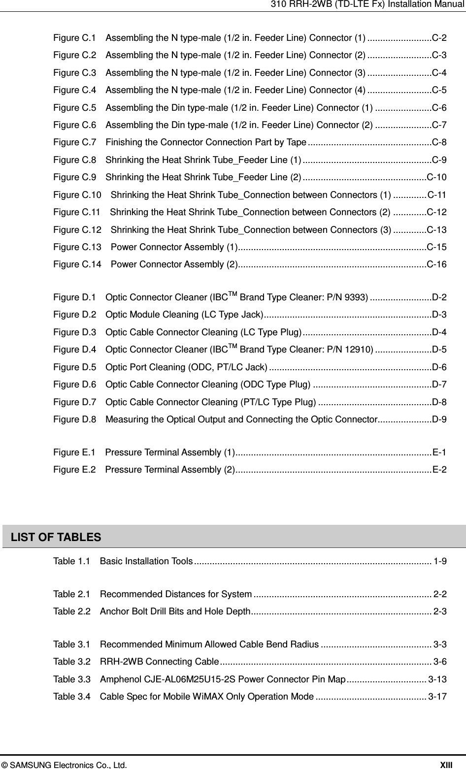 310 RRH-2WB (TD-LTE Fx) Installation Manual  © SAMSUNG Electronics Co., Ltd.  XIII Figure C.1    Assembling the N type-male (1/2 in. Feeder Line) Connector (1) .........................C-2 Figure C.2    Assembling the N type-male (1/2 in. Feeder Line) Connector (2) .........................C-3 Figure C.3    Assembling the N type-male (1/2 in. Feeder Line) Connector (3) .........................C-4 Figure C.4    Assembling the N type-male (1/2 in. Feeder Line) Connector (4) .........................C-5 Figure C.5    Assembling the Din type-male (1/2 in. Feeder Line) Connector (1) ......................C-6 Figure C.6    Assembling the Din type-male (1/2 in. Feeder Line) Connector (2) ......................C-7 Figure C.7    Finishing the Connector Connection Part by Tape ................................................C-8 Figure C.8    Shrinking the Heat Shrink Tube_Feeder Line (1) ..................................................C-9 Figure C.9    Shrinking the Heat Shrink Tube_Feeder Line (2) ................................................C-10 Figure C.10    Shrinking the Heat Shrink Tube_Connection between Connectors (1) ............. C-11 Figure C.11    Shrinking the Heat Shrink Tube_Connection between Connectors (2) .............C-12 Figure C.12    Shrinking the Heat Shrink Tube_Connection between Connectors (3) .............C-13 Figure C.13    Power Connector Assembly (1).........................................................................C-15 Figure C.14    Power Connector Assembly (2).........................................................................C-16  Figure D.1    Optic Connector Cleaner (IBCTM Brand Type Cleaner: P/N 9393) ........................D-2 Figure D.2    Optic Module Cleaning (LC Type Jack) .................................................................D-3 Figure D.3    Optic Cable Connector Cleaning (LC Type Plug) ..................................................D-4 Figure D.4    Optic Connector Cleaner (IBCTM Brand Type Cleaner: P/N 12910) ......................D-5 Figure D.5    Optic Port Cleaning (ODC, PT/LC Jack) ...............................................................D-6 Figure D.6    Optic Cable Connector Cleaning (ODC Type Plug) ..............................................D-7 Figure D.7    Optic Cable Connector Cleaning (PT/LC Type Plug) ............................................D-8 Figure D.8    Measuring the Optical Output and Connecting the Optic Connector.....................D-9  Figure E.1    Pressure Terminal Assembly (1) ............................................................................ E-1 Figure E.2    Pressure Terminal Assembly (2) ............................................................................ E-2   LIST OF TABLES Table 1.1    Basic Installation Tools ............................................................................................ 1-9  Table 2.1    Recommended Distances for System ..................................................................... 2-2 Table 2.2    Anchor Bolt Drill Bits and Hole Depth ...................................................................... 2-3  Table 3.1    Recommended Minimum Allowed Cable Bend Radius ........................................... 3-3 Table 3.2    RRH-2WB Connecting Cable .................................................................................. 3-6 Table 3.3    Amphenol CJE-AL06M25U15-2S Power Connector Pin Map ............................... 3-13 Table 3.4    Cable Spec for Mobile WiMAX Only Operation Mode ........................................... 3-17 