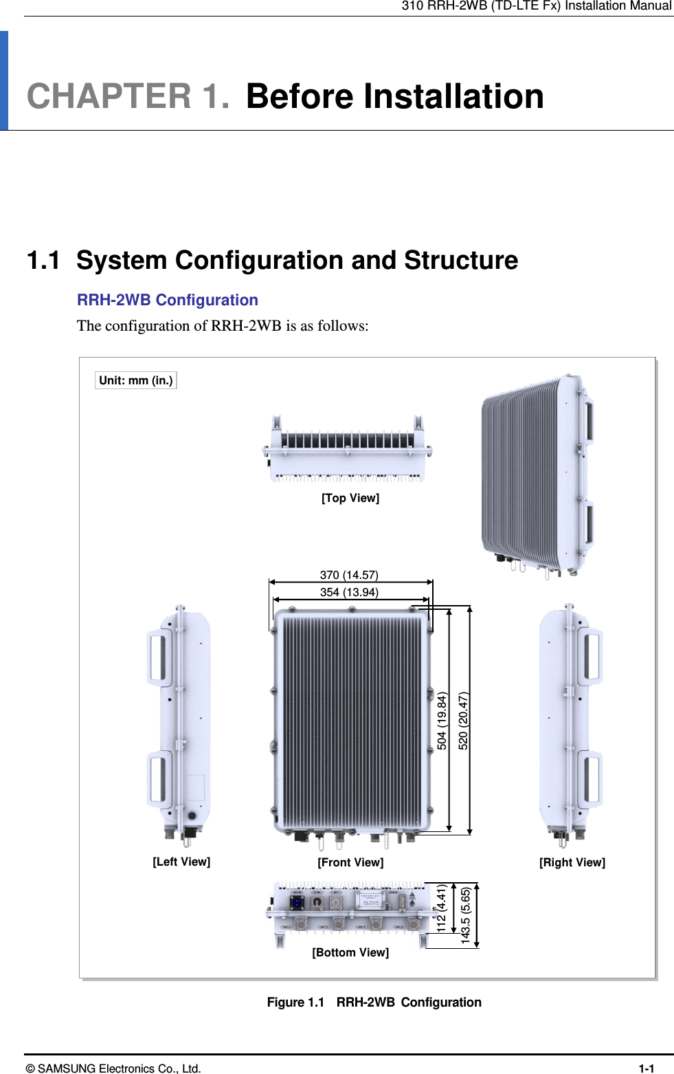 310 RRH-2WB (TD-LTE Fx) Installation Manual © SAMSUNG Electronics Co., Ltd.  1-1 CHAPTER 1.  Before Installation      1.1  System Configuration and Structure RRH-2WB Configuration The configuration of RRH-2WB is as follows:  Figure 1.1    RRH-2WB  Configuration [Bottom View] [Front View] [Right View] [Top View] [Left View] 143.5 (5.65) 354 (13.94) 370 (14.57) 504 (19.84) 520 (20.47) 112 (4.41) Unit: mm (in.) 
