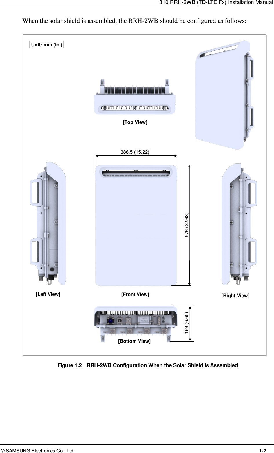 310 RRH-2WB (TD-LTE Fx) Installation Manual  © SAMSUNG Electronics Co., Ltd.  1-2 When the solar shield is assembled, the RRH-2WB should be configured as follows:  Figure 1.2    RRH-2WB Configuration When the Solar Shield is Assembled  [Bottom View] [Front View] [Right View] [Top View] [Left View] 169 (6.65) 386.5 (15.22) 576 (22.68) Unit: mm (in.) 