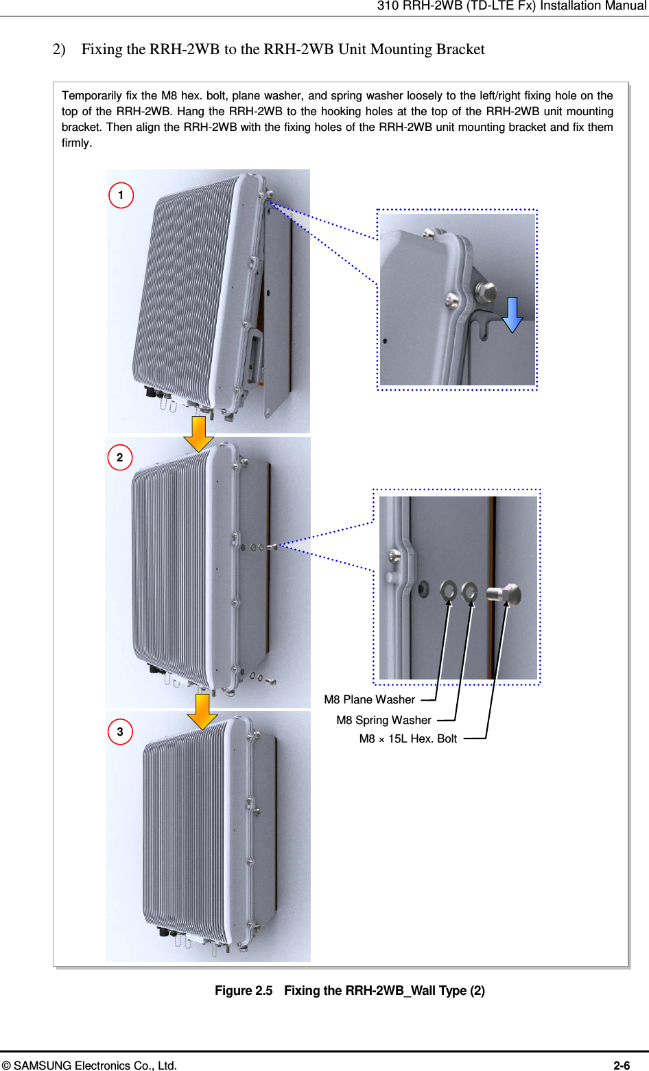 310 RRH-2WB (TD-LTE Fx) Installation Manual  © SAMSUNG Electronics Co., Ltd.  2-6 2)    Fixing the RRH-2WB to the RRH-2WB Unit Mounting Bracket  Figure 2.5    Fixing the RRH-2WB_Wall Type (2)   1 2 M8 × 15L Hex. Bolt M8 Spring Washer M8 Plane Washer 3  Temporarily fix the M8 hex. bolt, plane washer, and spring washer loosely to the left/right fixing hole on the top of the  RRH-2WB. Hang the RRH-2WB to the  hooking holes at the top of the  RRH-2WB unit mounting bracket. Then align the RRH-2WB with the fixing holes of the RRH-2WB unit mounting bracket and fix them firmly. 