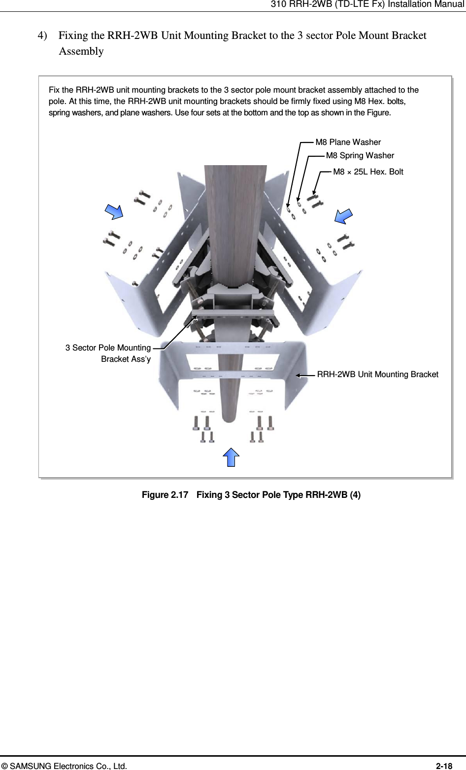 310 RRH-2WB (TD-LTE Fx) Installation Manual  © SAMSUNG Electronics Co., Ltd.  2-18 4)    Fixing the RRH-2WB Unit Mounting Bracket to the 3 sector Pole Mount Bracket Assembly  Figure 2.17    Fixing 3 Sector Pole Type RRH-2WB (4)  RRH-2WB Unit Mounting Bracket M8 × 25L Hex. Bolt M8 Spring Washer M8 Plane Washer 3 Sector Pole Mounting Bracket Ass’y Fix the RRH-2WB unit mounting brackets to the 3 sector pole mount bracket assembly attached to the pole. At this time, the RRH-2WB unit mounting brackets should be firmly fixed using M8 Hex. bolts, spring washers, and plane washers. Use four sets at the bottom and the top as shown in the Figure. 