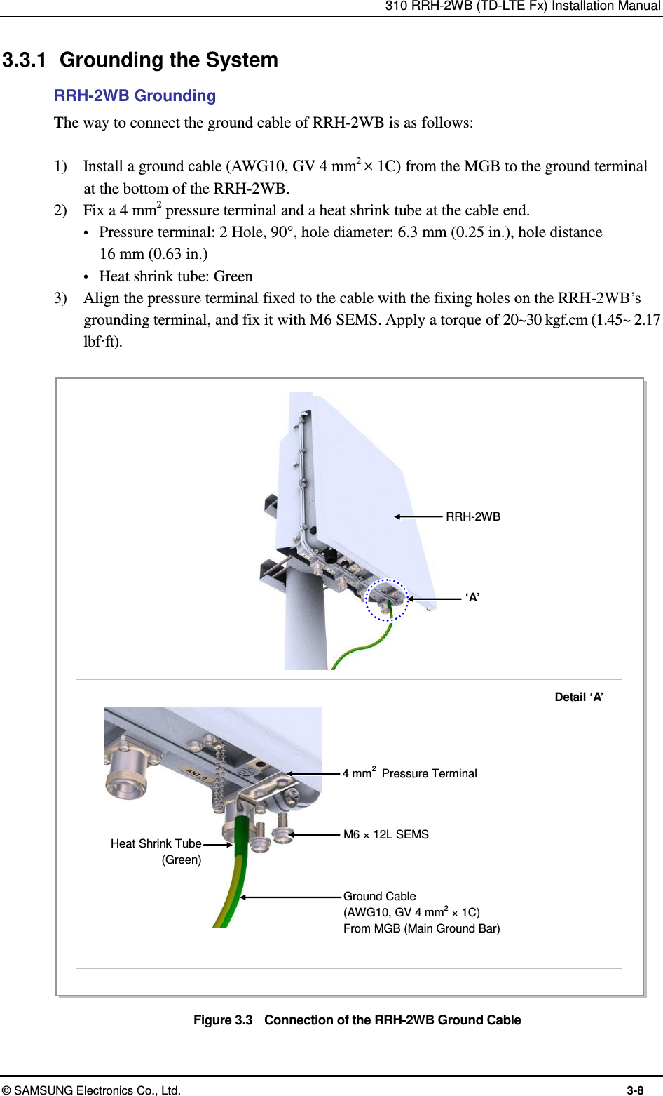 310 RRH-2WB (TD-LTE Fx) Installation Manual  © SAMSUNG Electronics Co., Ltd.  3-8 3.3.1  Grounding the System RRH-2WB Grounding The way to connect the ground cable of RRH-2WB is as follows:  1)    Install a ground cable (AWG10, GV 4 mm2 × 1C) from the MGB to the ground terminal at the bottom of the RRH-2WB. 2)    Fix a 4 mm2 pressure terminal and a heat shrink tube at the cable end.  Pressure terminal: 2 Hole, 90°, hole diameter: 6.3 mm (0.25 in.), hole distance 16 mm (0.63 in.)  Heat shrink tube: Green 3)    Align the pressure terminal fixed to the cable with the fixing holes on the RRH-2WB’s grounding terminal, and fix it with M6 SEMS. Apply a torque of 20~30 kgf.cm (1.45~ 2.17 lbf·ft).  Figure 3.3    Connection of the RRH-2WB Ground Cable Heat Shrink Tube   (Green) RRH-2WB Ground Cable (AWG10, GV 4 mm2 × 1C) From MGB (Main Ground Bar) Detail ‘A’ ‘A’ M6 × 12L SEMS 4 mm2 Pressure Terminal 