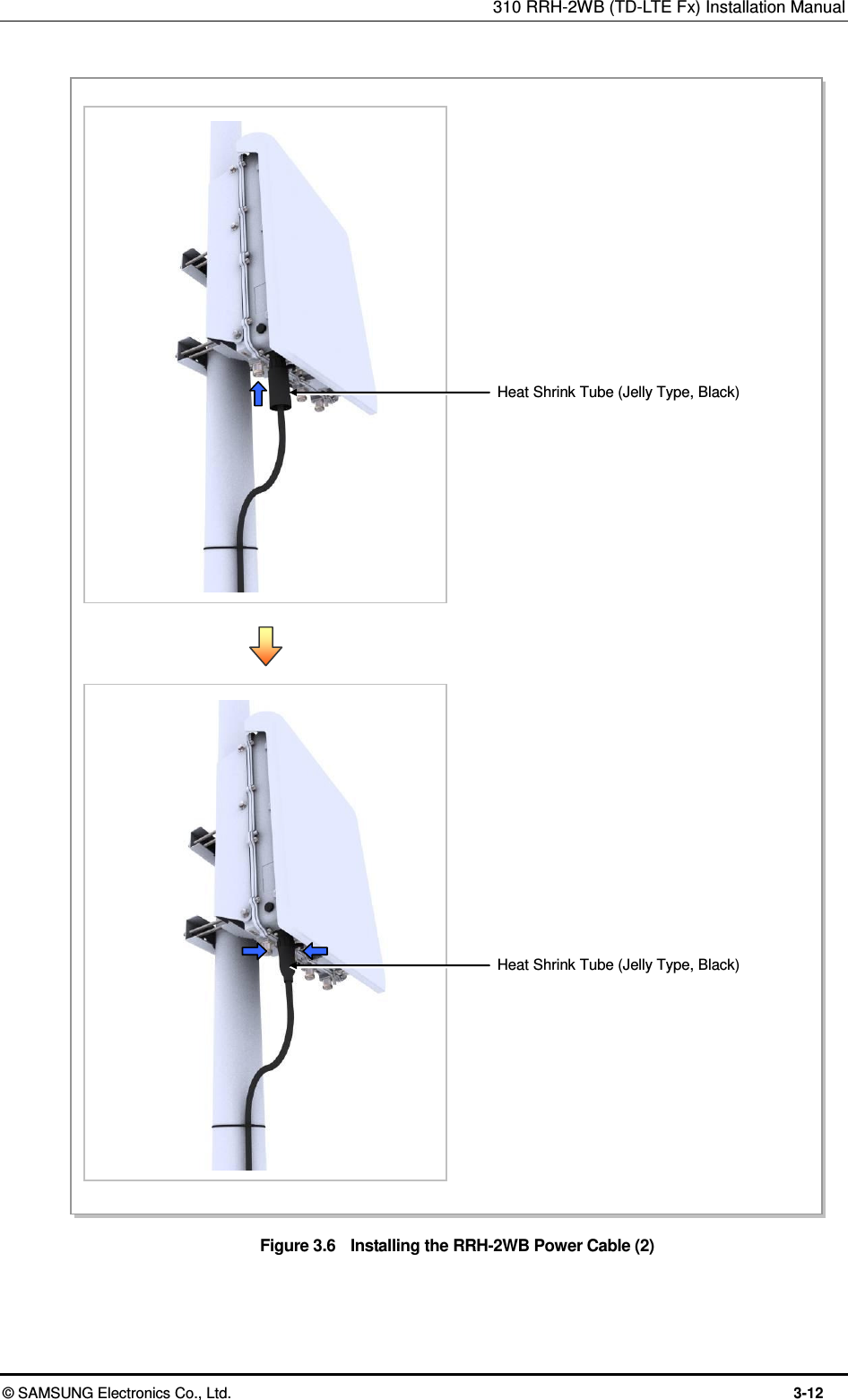 310 RRH-2WB (TD-LTE Fx) Installation Manual  © SAMSUNG Electronics Co., Ltd.  3-12  Figure 3.6    Installing the RRH-2WB Power Cable (2)  Heat Shrink Tube (Jelly Type, Black) Heat Shrink Tube (Jelly Type, Black) 