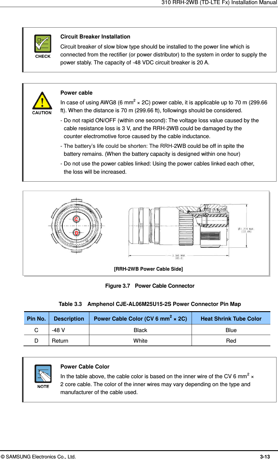 310 RRH-2WB (TD-LTE Fx) Installation Manual  © SAMSUNG Electronics Co., Ltd.  3-13 [RRH-2WB Power Cable Side] C D   Circuit Breaker Installation   Circuit breaker of slow blow type should be installed to the power line which is connected from the rectifier (or power distributor) to the system in order to supply the power stably. The capacity of -48 VDC circuit breaker is 20 A.   Power cable   In case of using AWG8 (6 mm2 × 2C) power cable, it is applicable up to 70 m (299.66 ft). When the distance is 70 m (299.66 ft), followings should be considered.   - Do not rapid ON/OFF (within one second): The voltage loss value caused by the   cable resistance loss is 3 V, and the RRH-2WB could be damaged by the   counter electromotive force caused by the cable inductance.   - The battery’s life could be shorten: The RRH-2WB could be off in spite the   battery remains. (When the battery capacity is designed within one hour)   - Do not use the power cables linked: Using the power cables linked each other,   the loss will be increased.  Figure 3.7    Power Cable Connector  Table 3.3    Amphenol CJE-AL06M25U15-2S Power Connector Pin Map Pin No. Description Power Cable Color (CV 6 mm2 × 2C) Heat Shrink Tube Color C -48 V Black Blue D Return White Red   Power Cable Color   In the table above, the cable color is based on the inner wire of the CV 6 mm2 ×   2 core cable. The color of the inner wires may vary depending on the type and manufacturer of the cable used.  