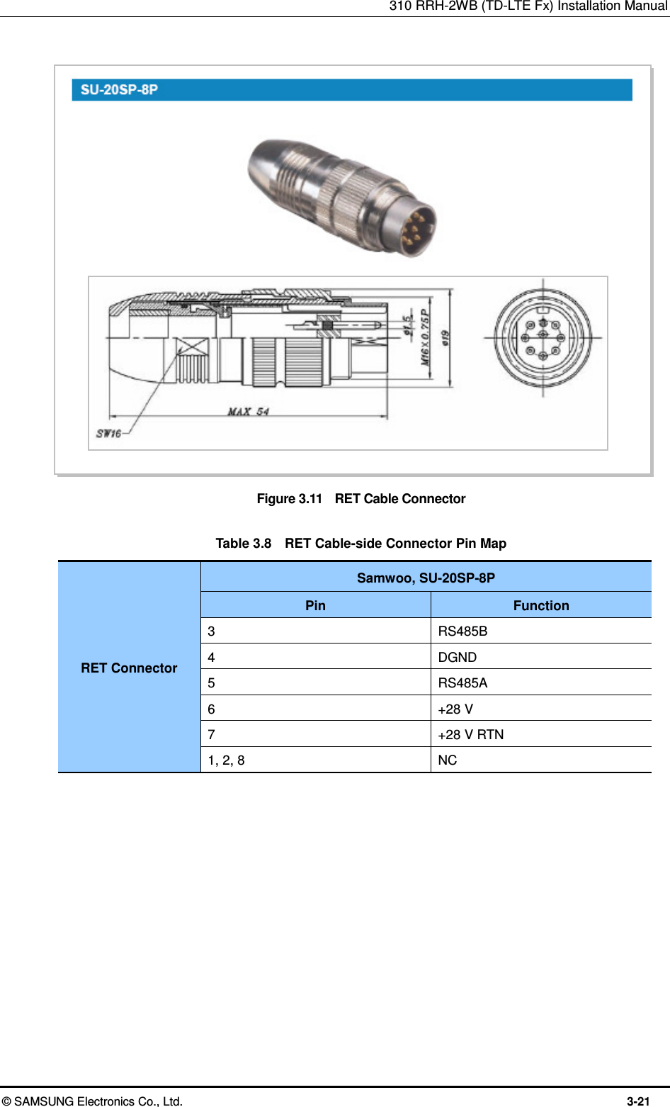 310 RRH-2WB (TD-LTE Fx) Installation Manual  © SAMSUNG Electronics Co., Ltd.  3-21  Figure 3.11    RET Cable Connector  Table 3.8    RET Cable-side Connector Pin Map RET Connector Samwoo, SU-20SP-8P Pin Function 3 RS485B 4 DGND 5 RS485A 6 +28 V 7 +28 V RTN 1, 2, 8 NC  