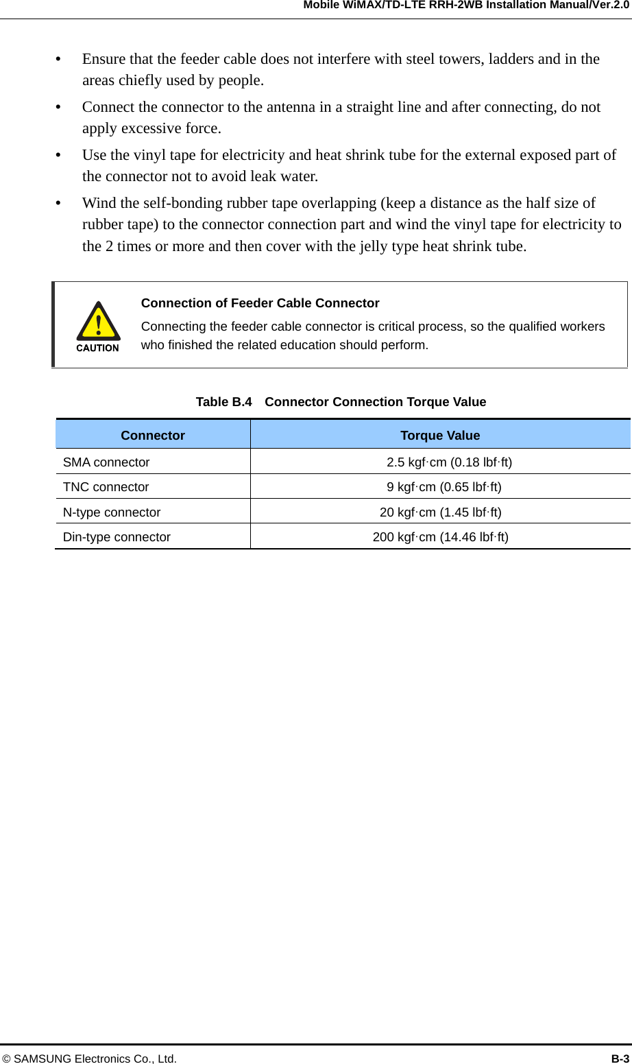   Mobile WiMAX/TD-LTE RRH-2WB Installation Manual/Ver.2.0 © SAMSUNG Electronics Co., Ltd.  B-3  Ensure that the feeder cable does not interfere with steel towers, ladders and in the areas chiefly used by people.  Connect the connector to the antenna in a straight line and after connecting, do not apply excessive force.  Use the vinyl tape for electricity and heat shrink tube for the external exposed part of the connector not to avoid leak water.  Wind the self-bonding rubber tape overlapping (keep a distance as the half size of rubber tape) to the connector connection part and wind the vinyl tape for electricity to the 2 times or more and then cover with the jelly type heat shrink tube.    Connection of Feeder Cable Connector   Connecting the feeder cable connector is critical process, so the qualified workers who finished the related education should perform.  Table B.4    Connector Connection Torque Value Connector  Torque Value SMA connector  2.5 kgf·cm (0.18 lbf·ft) TNC connector  9 kgf·cm (0.65 lbf·ft) N-type connector  20 kgf·cm (1.45 lbf·ft) Din-type connector  200 kgf·cm (14.46 lbf·ft)  