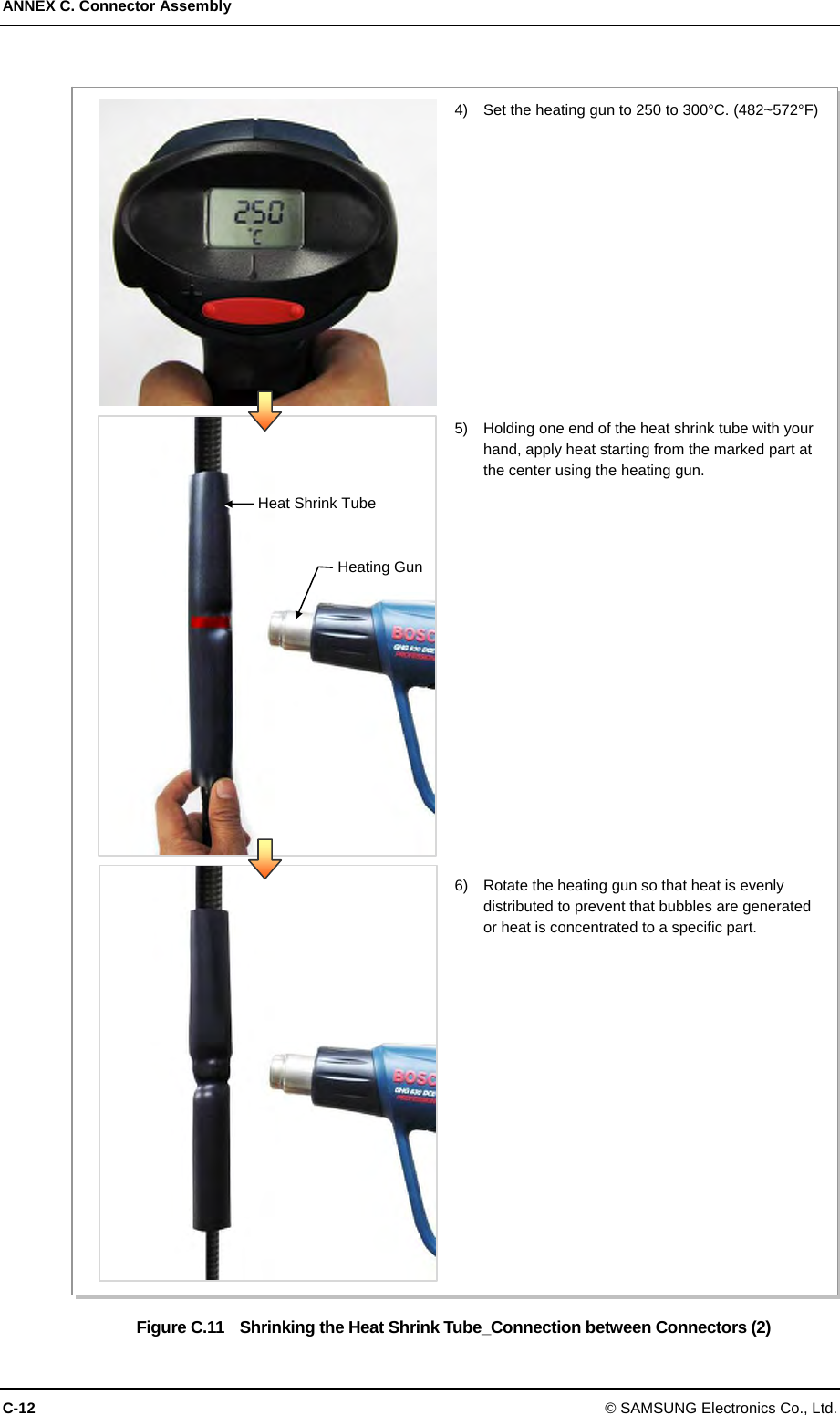 ANNEX C. Connector Assembly C-12 © SAMSUNG Electronics Co., Ltd.  Figure C.11    Shrinking the Heat Shrink Tube_Connection between Connectors (2) 4)    Set the heating gun to 250 to 300°C. (482~572°F)5)    Holding one end of the heat shrink tube with your hand, apply heat starting from the marked part at the center using the heating gun. 6)    Rotate the heating gun so that heat is evenly distributed to prevent that bubbles are generated or heat is concentrated to a specific part. Heat Shrink Tube Heating Gun