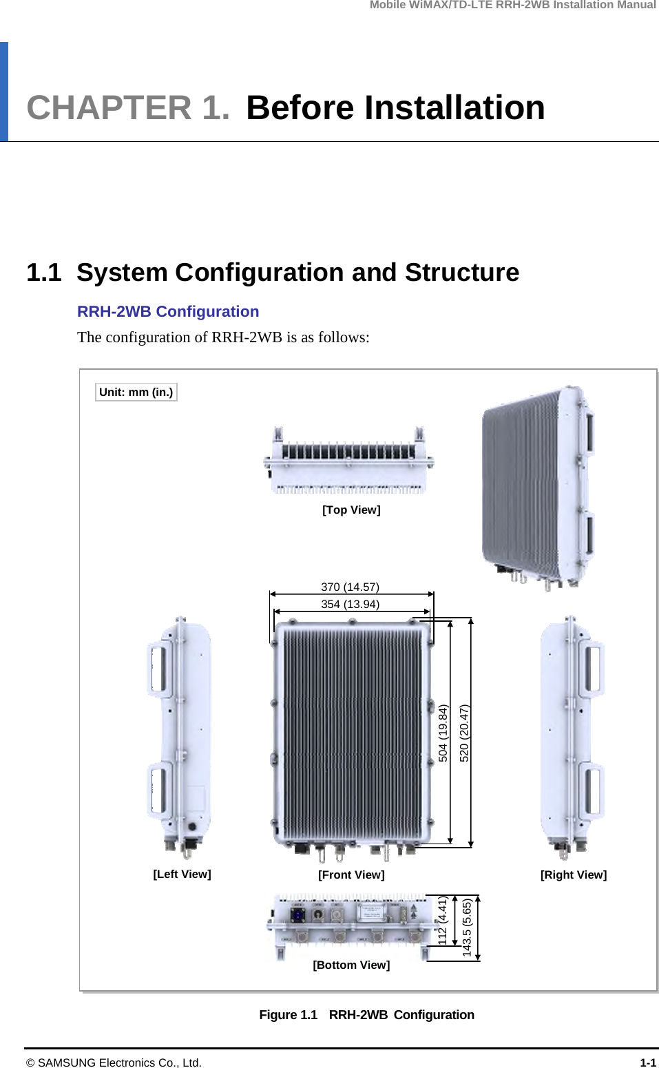 Mobile WiMAX/TD-LTE RRH-2WB Installation Manual © SAMSUNG Electronics Co., Ltd.  1-1 CHAPTER 1.  Before Installation      1.1  System Configuration and Structure RRH-2WB Configuration The configuration of RRH-2WB is as follows:  Figure 1.1  RRH-2WB Configuration [Bottom View][Front View] [Right View] [Top View] [Left View] 143.5 (5.65) 354 (13.94)370 (14.57)504 (19.84) 520 (20.47) 112 (4.41) Unit: mm (in.) 