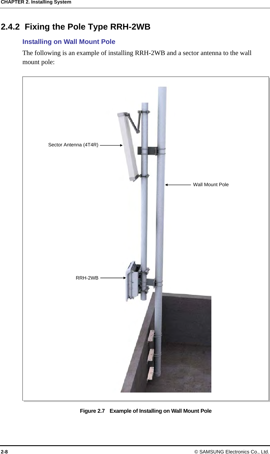CHAPTER 2. Installing System 2-8 © SAMSUNG Electronics Co., Ltd. 2.4.2  Fixing the Pole Type RRH-2WB Installing on Wall Mount Pole The following is an example of installing RRH-2WB and a sector antenna to the wall mount pole:  Figure 2.7    Example of Installing on Wall Mount Pole  Sector Antenna (4T4R)RRH-2WBWall Mount Pole 