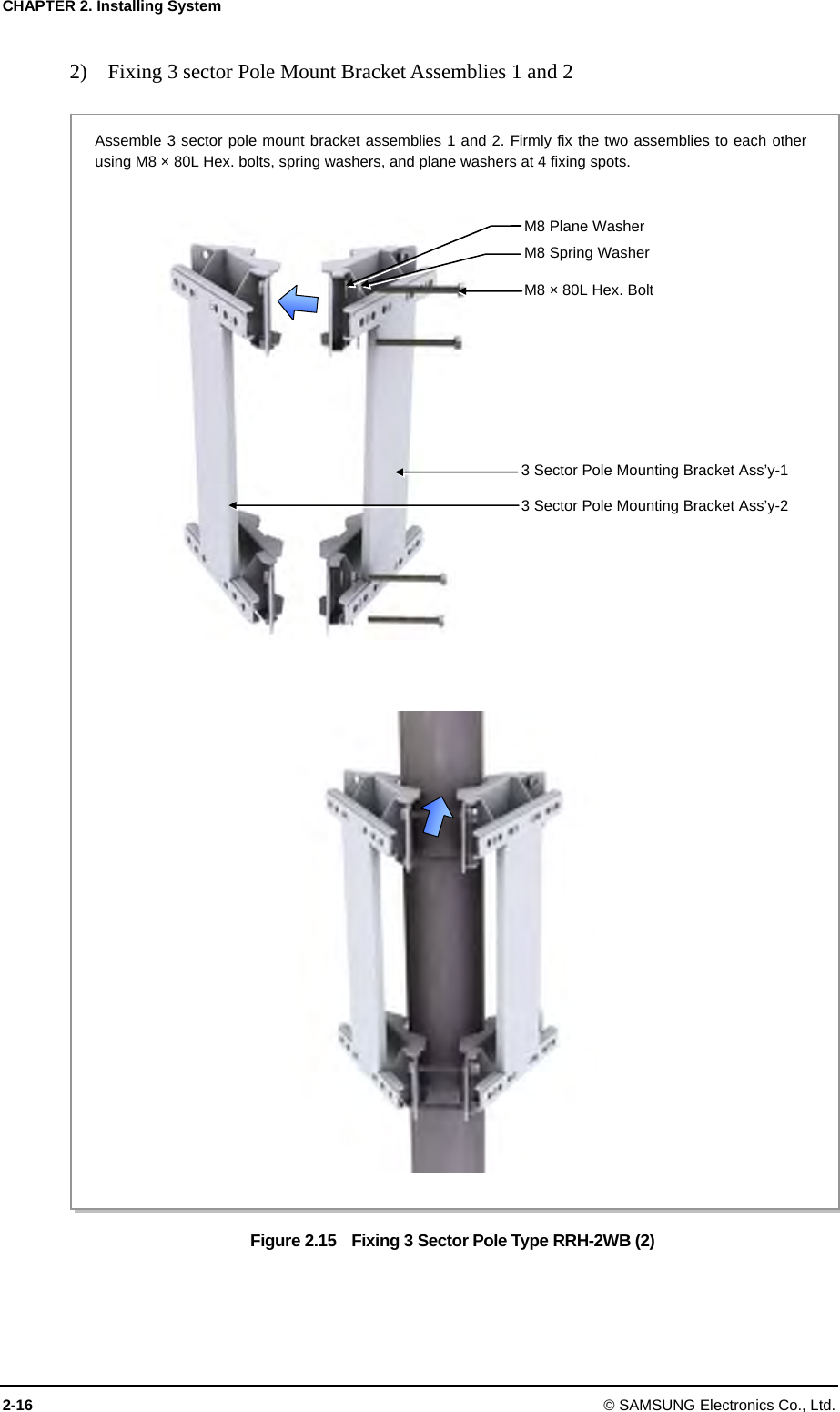 CHAPTER 2. Installing System 2-16 © SAMSUNG Electronics Co., Ltd. 2)    Fixing 3 sector Pole Mount Bracket Assemblies 1 and 2  Figure 2.15    Fixing 3 Sector Pole Type RRH-2WB (2)  M8 × 80L Hex. Bolt M8 Spring Washer M8 Plane Washer 3 Sector Pole Mounting Bracket Ass’y-1 3 Sector Pole Mounting Bracket Ass’y-2 Assemble 3 sector pole mount bracket assemblies 1 and 2. Firmly fix the two assemblies to each other using M8 × 80L Hex. bolts, spring washers, and plane washers at 4 fixing spots. 