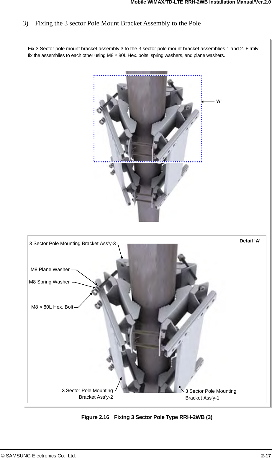   Mobile WiMAX/TD-LTE RRH-2WB Installation Manual/Ver.2.0 © SAMSUNG Electronics Co., Ltd.  2-17 3)    Fixing the 3 sector Pole Mount Bracket Assembly to the Pole  Figure 2.16    Fixing 3 Sector Pole Type RRH-2WB (3)  ‘A’ Detail ‘A’3 Sector Pole MountingBracket Ass’y-23 Sector Pole Mounting   Bracket Ass’y-1 3 Sector Pole Mounting Bracket Ass’y-3M8 Plane WasherM8 Spring WasherM8 × 80L Hex. BoltFix 3 Sector pole mount bracket assembly 3 to the 3 sector pole mount bracket assemblies 1 and 2. Firmly fix the assemblies to each other using M8 × 80L Hex. bolts, spring washers, and plane washers. 