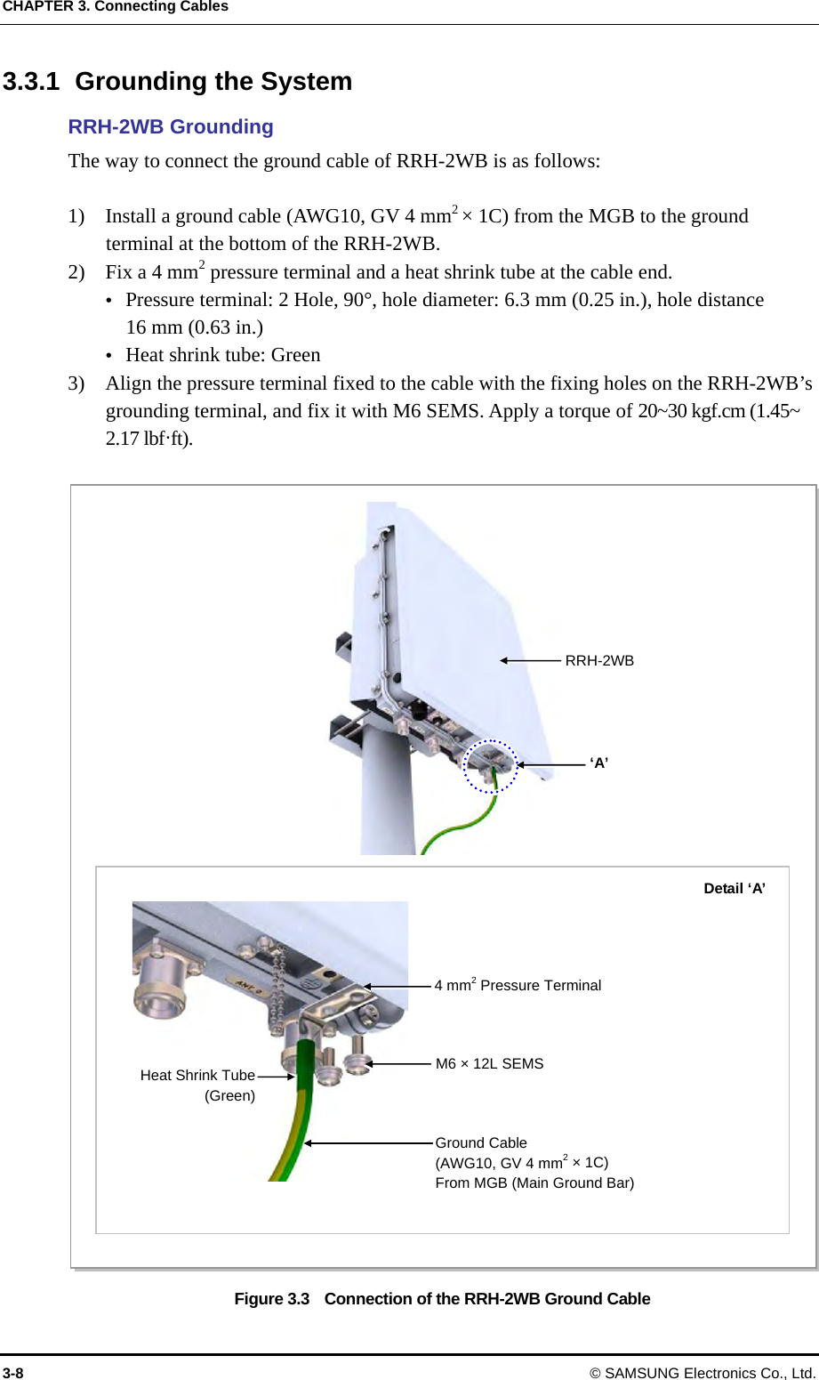 CHAPTER 3. Connecting Cables 3-8 © SAMSUNG Electronics Co., Ltd. 3.3.1  Grounding the System RRH-2WB Grounding The way to connect the ground cable of RRH-2WB is as follows:  1)    Install a ground cable (AWG10, GV 4 mm2 × 1C) from the MGB to the ground terminal at the bottom of the RRH-2WB. 2)  Fix a 4 mm2 pressure terminal and a heat shrink tube at the cable end.  Pressure terminal: 2 Hole, 90°, hole diameter: 6.3 mm (0.25 in.), hole distance 16 mm (0.63 in.)  Heat shrink tube: Green 3)    Align the pressure terminal fixed to the cable with the fixing holes on the RRH-2WB’s grounding terminal, and fix it with M6 SEMS. Apply a torque of 20~30 kgf.cm (1.45~ 2.17 lbf·ft).  Figure 3.3    Connection of the RRH-2WB Ground Cable Heat Shrink Tube (Green)RRH-2WBGround Cable (AWG10, GV 4 mm2 × 1C) From MGB (Main Ground Bar) Detail ‘A’ ‘A’ M6 × 12L SEMS 4 mm2 Pressure Terminal 