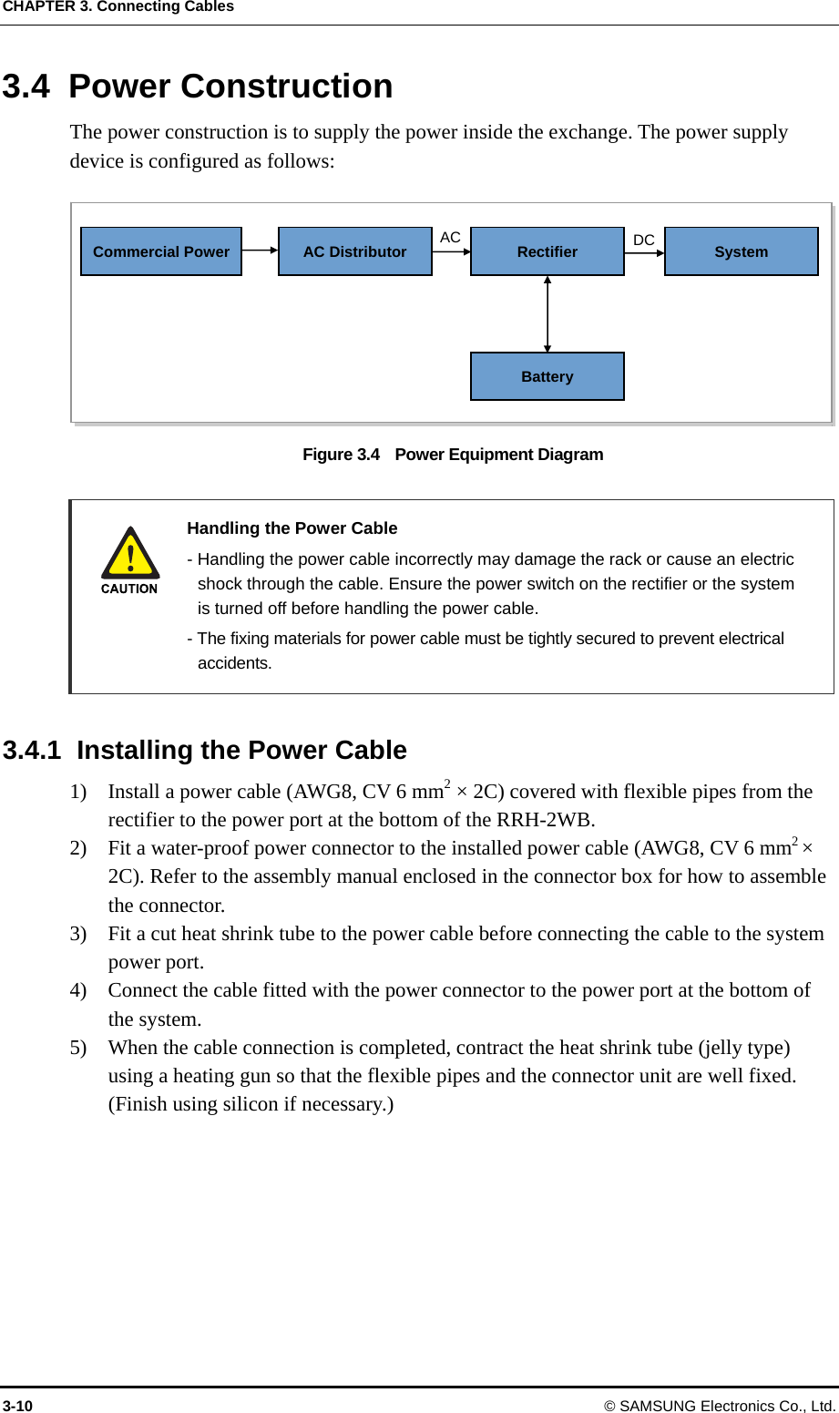 CHAPTER 3. Connecting Cables 3-10 © SAMSUNG Electronics Co., Ltd. 3.4 Power Construction The power construction is to supply the power inside the exchange. The power supply device is configured as follows:  Figure 3.4    Power Equipment Diagram   Handling the Power Cable   - Handling the power cable incorrectly may damage the rack or cause an electric   shock through the cable. Ensure the power switch on the rectifier or the system   is turned off before handling the power cable.   - The fixing materials for power cable must be tightly secured to prevent electrical  accidents.  3.4.1  Installing the Power Cable 1)    Install a power cable (AWG8, CV 6 mm2 × 2C) covered with flexible pipes from the rectifier to the power port at the bottom of the RRH-2WB. 2)    Fit a water-proof power connector to the installed power cable (AWG8, CV 6 mm2 × 2C). Refer to the assembly manual enclosed in the connector box for how to assemble the connector. 3)    Fit a cut heat shrink tube to the power cable before connecting the cable to the system power port. 4)    Connect the cable fitted with the power connector to the power port at the bottom of the system. 5)    When the cable connection is completed, contract the heat shrink tube (jelly type) using a heating gun so that the flexible pipes and the connector unit are well fixed. (Finish using silicon if necessary.)   ACAC Distributor Commercial Power  DC System Rectifier Battery 