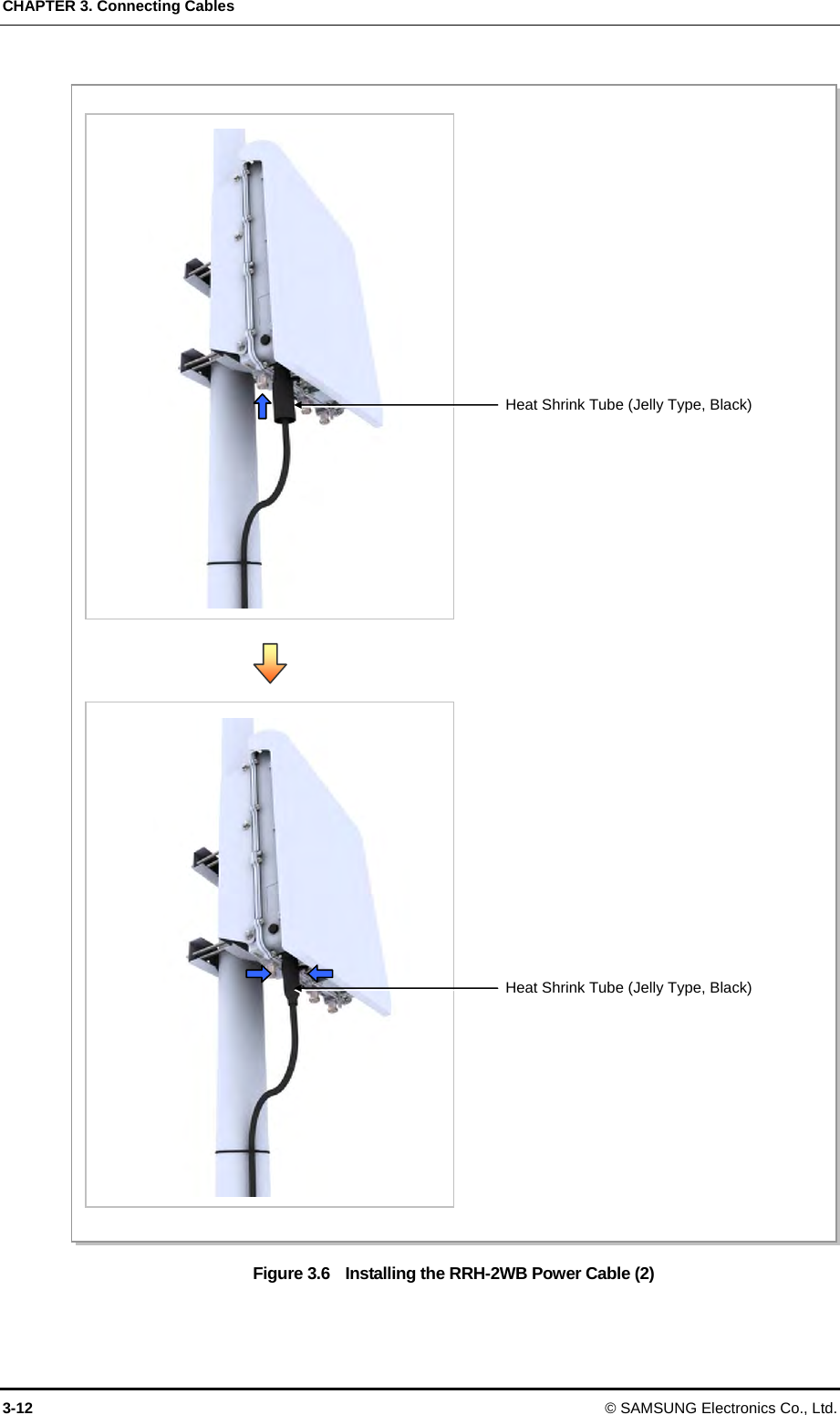 CHAPTER 3. Connecting Cables 3-12 © SAMSUNG Electronics Co., Ltd.  Figure 3.6    Installing the RRH-2WB Power Cable (2)  Heat Shrink Tube (Jelly Type, Black) Heat Shrink Tube (Jelly Type, Black) 