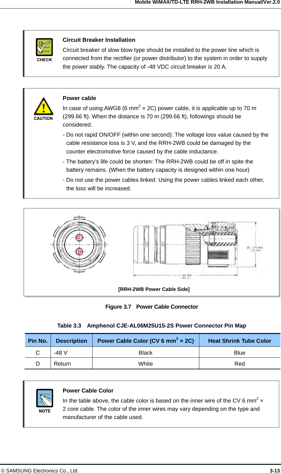   Mobile WiMAX/TD-LTE RRH-2WB Installation Manual/Ver.2.0 © SAMSUNG Electronics Co., Ltd.  3-13 [RRH-2WB Power Cable Side]C D   Circuit Breaker Installation   Circuit breaker of slow blow type should be installed to the power line which is connected from the rectifier (or power distributor) to the system in order to supply the power stably. The capacity of -48 VDC circuit breaker is 20 A.   Power cable   In case of using AWG8 (6 mm2 × 2C) power cable, it is applicable up to 70 m (299.66 ft). When the distance is 70 m (299.66 ft), followings should be considered.   - Do not rapid ON/OFF (within one second): The voltage loss value caused by the   cable resistance loss is 3 V, and the RRH-2WB could be damaged by the   counter electromotive force caused by the cable inductance.   - The battery’s life could be shorten: The RRH-2WB could be off in spite the   battery remains. (When the battery capacity is designed within one hour)   - Do not use the power cables linked: Using the power cables linked each other,   the loss will be increased.  Figure 3.7    Power Cable Connector  Table 3.3    Amphenol CJE-AL06M25U15-2S Power Connector Pin Map Pin No.  Description  Power Cable Color (CV 6 mm2 × 2C) Heat Shrink Tube Color C -48 V  Black  Blue D Return  White  Red   Power Cable Color   In the table above, the cable color is based on the inner wire of the CV 6 mm2 ×   2 core cable. The color of the inner wires may vary depending on the type and manufacturer of the cable used.  