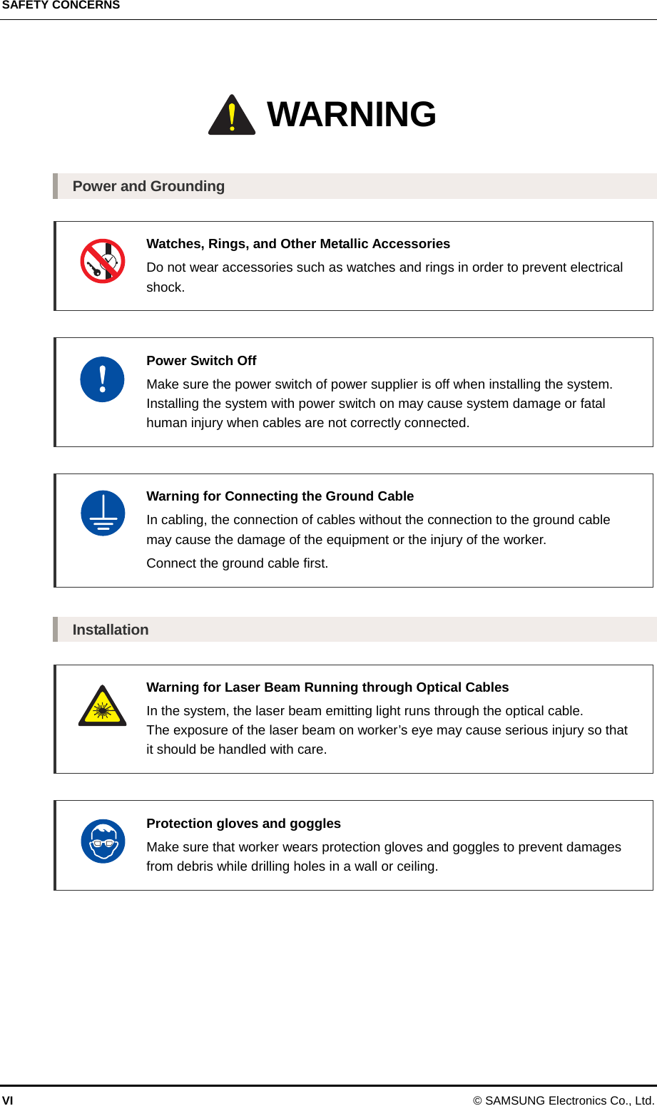 SAFETY CONCERNS VI © SAMSUNG Electronics Co., Ltd. Warning  Power and Grounding  Watches, Rings, and Other Metallic Accessories   Do not wear accessories such as watches and rings in order to prevent electrical shock.   Power Switch Off   Make sure the power switch of power supplier is off when installing the system. Installing the system with power switch on may cause system damage or fatal human injury when cables are not correctly connected.   Warning for Connecting the Ground Cable   In cabling, the connection of cables without the connection to the ground cable may cause the damage of the equipment or the injury of the worker.     Connect the ground cable first.  Installation  Warning for Laser Beam Running through Optical Cables   In the system, the laser beam emitting light runs through the optical cable.   The exposure of the laser beam on worker’s eye may cause serious injury so that it should be handled with care.   Protection gloves and goggles   Make sure that worker wears protection gloves and goggles to prevent damages from debris while drilling holes in a wall or ceiling.     WARNING 