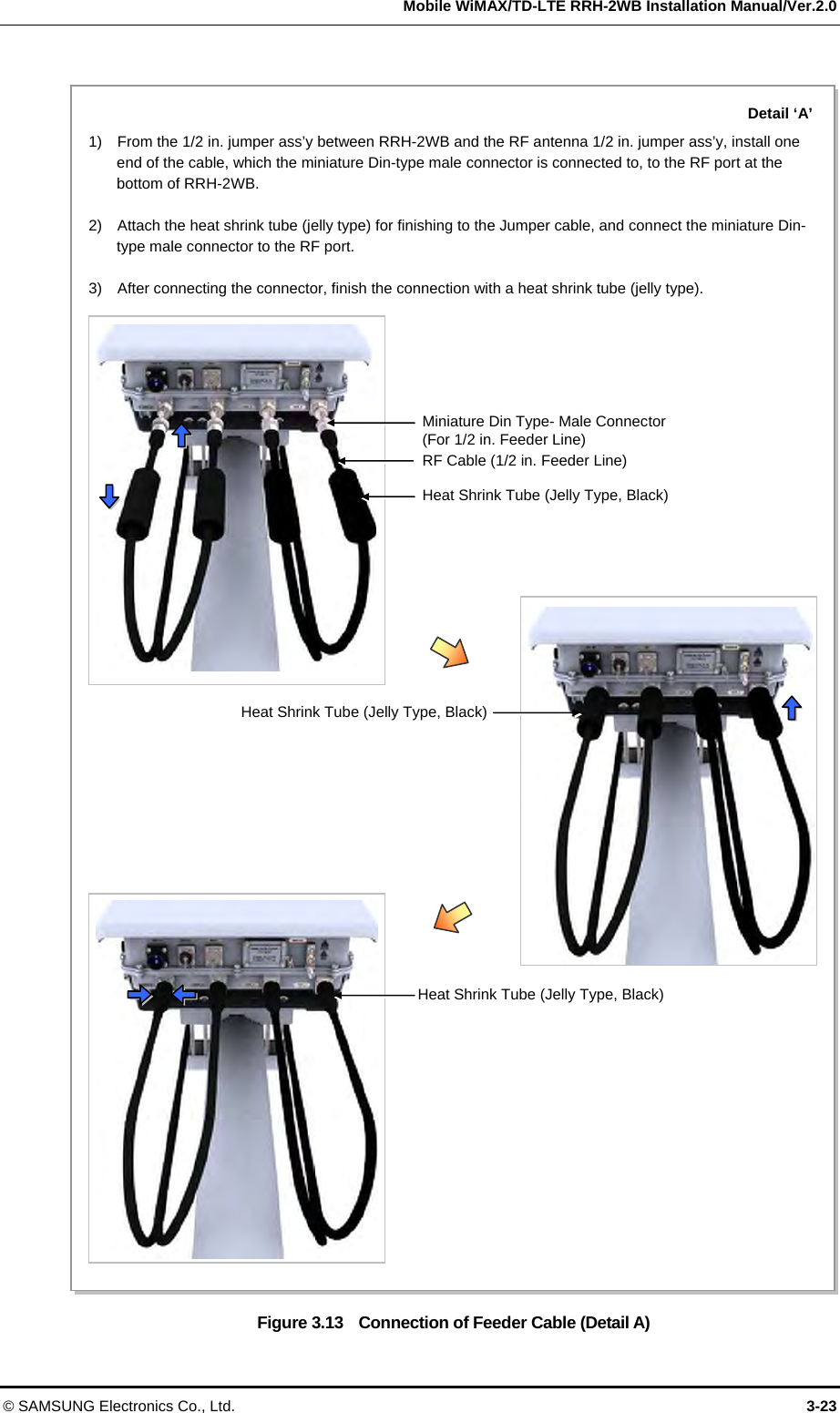   Mobile WiMAX/TD-LTE RRH-2WB Installation Manual/Ver.2.0 © SAMSUNG Electronics Co., Ltd.  3-23  Figure 3.13    Connection of Feeder Cable (Detail A) 1)    From the 1/2 in. jumper ass’y between RRH-2WB and the RF antenna 1/2 in. jumper ass’y, install one end of the cable, which the miniature Din-type male connector is connected to, to the RF port at the bottom of RRH-2WB.  2)    Attach the heat shrink tube (jelly type) for finishing to the Jumper cable, and connect the miniature Din-type male connector to the RF port.  3)    After connecting the connector, finish the connection with a heat shrink tube (jelly type). Detail ‘A’Miniature Din Type- Male Connector   (For 1/2 in. Feeder Line) Heat Shrink Tube (Jelly Type, Black) RF Cable (1/2 in. Feeder Line) Heat Shrink Tube (Jelly Type, Black)Heat Shrink Tube (Jelly Type, Black) 