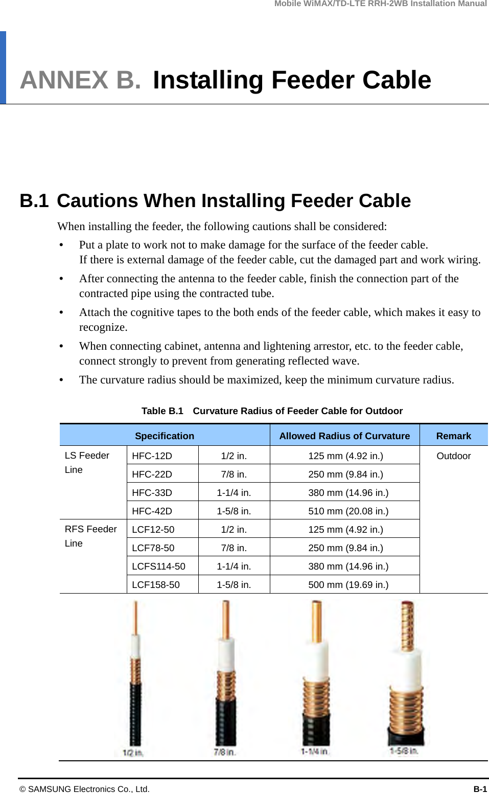 Mobile WiMAX/TD-LTE RRH-2WB Installation Manual © SAMSUNG Electronics Co., Ltd.  B-1 ANNEX B. Installing Feeder Cable      B.1 Cautions When Installing Feeder Cable When installing the feeder, the following cautions shall be considered:  Put a plate to work not to make damage for the surface of the feeder cable.   If there is external damage of the feeder cable, cut the damaged part and work wiring.    After connecting the antenna to the feeder cable, finish the connection part of the contracted pipe using the contracted tube.    Attach the cognitive tapes to the both ends of the feeder cable, which makes it easy to recognize.  When connecting cabinet, antenna and lightening arrestor, etc. to the feeder cable, connect strongly to prevent from generating reflected wave.  The curvature radius should be maximized, keep the minimum curvature radius.  Table B.1    Curvature Radius of Feeder Cable for Outdoor Specification  Allowed Radius of Curvature  Remark LS Feeder Line HFC-12D  1/2 in.  125 mm (4.92 in.)  Outdoor HFC-22D  7/8 in.  250 mm (9.84 in.) HFC-33D  1-1/4 in.  380 mm (14.96 in.) HFC-42D  1-5/8 in.  510 mm (20.08 in.) RFS Feeder Line LCF12-50  1/2 in.  125 mm (4.92 in.) LCF78-50  7/8 in.  250 mm (9.84 in.) LCFS114-50  1-1/4 in.  380 mm (14.96 in.) LCF158-50  1-5/8 in.  500 mm (19.69 in.)            