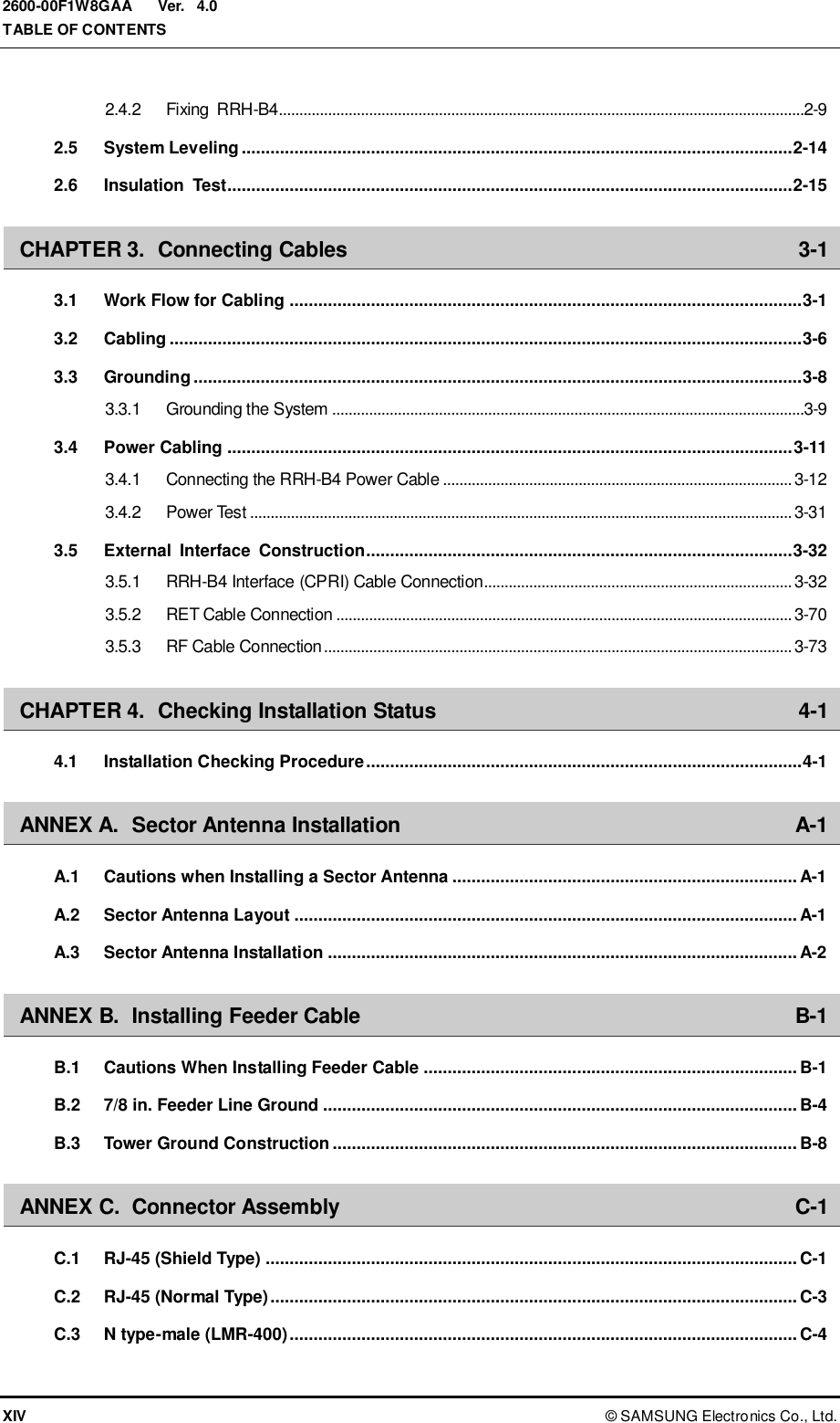 Ver.  TABLE OF CONTENTS XIV ©  SAMSUNG Electronics Co., Ltd. 2600-00F1W8GAA 4.0 2.4.2 Fixing  RRH-B4................................................................................................................................2-9 2.5 System Leveling ................................................................................................................... 2-14 2.6 Insulation  Test...................................................................................................................... 2-15 CHAPTER 3. Connecting Cables  3-1 3.1 Work Flow for Cabling ........................................................................................................... 3-1 3.2 Cabling .................................................................................................................................... 3-6 3.3 Grounding ............................................................................................................................... 3-8 3.3.1 Grounding the System ...................................................................................................................3-9 3.4 Power Cabling ...................................................................................................................... 3-11 3.4.1 Connecting the RRH-B4 Power Cable ..................................................................................... 3-12 3.4.2 Power Test .................................................................................................................................... 3-31 3.5 External  Interface  Construction......................................................................................... 3-32 3.5.1 RRH-B4 Interface (CPRI) Cable Connection........................................................................... 3-32 3.5.2 RET Cable Connection ............................................................................................................... 3-70 3.5.3 RF Cable Connection .................................................................................................................. 3-73 CHAPTER 4. Checking Installation Status  4-1 4.1 Installation Checking Procedure ........................................................................................... 4-1 ANNEX A. Sector Antenna Installation  A-1 A.1 Cautions when Installing a Sector Antenna ........................................................................ A-1 A.2 Sector Antenna Layout ......................................................................................................... A-1 A.3 Sector Antenna Installation .................................................................................................. A-2 ANNEX B. Installing Feeder Cable  B-1 B.1 Cautions When Installing Feeder Cable .............................................................................. B-1 B.2 7/8 in. Feeder Line Ground ................................................................................................... B-4 B.3 Tower Ground Construction ................................................................................................. B-8 ANNEX C. Connector Assembly  C-1 C.1 RJ-45 (Shield Type) ............................................................................................................... C-1 C.2 RJ-45 (Normal Type) .............................................................................................................. C-3 C.3 N type-male (LMR-400) .......................................................................................................... C-4 