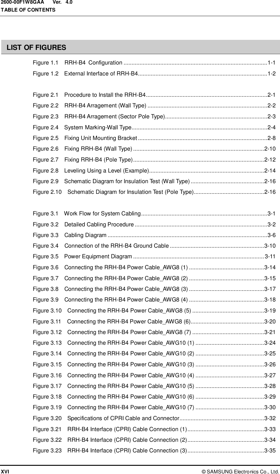  Ver.  TABLE OF CONTENTS XVI ©  SAMSUNG Electronics Co., Ltd. 2600-00F1W8GAA 4.0  LIST OF FIGURES Figure 1.1    RRH-B4  Configuration .......................................................................................... 1-1 Figure 1.2    External Interface of RRH-B4................................................................................. 1-2  Figure 2.1  Procedure to Install the RRH-B4 ............................................................................ 2-1 Figure 2.2    RRH-B4 Arragement (Wall Type) ........................................................................... 2-2 Figure 2.3    RRH-B4 Arragement (Sector Pole Type)................................................................ 2-3 Figure 2.4    System Marking-Wall Type..................................................................................... 2-4 Figure 2.5    Fixing Unit Mounting Bracket ................................................................................. 2-8 Figure 2.6    Fixing RRH-B4 (Wall Type) .................................................................................. 2-10 Figure 2.7    Fixing RRH-B4 (Pole Type) .................................................................................. 2-12 Figure 2.8    Leveling Using a Level (Example)........................................................................ 2-14 Figure 2.9  Schematic Diagram for Insulation Test (Wall Type) .............................................. 2-16 Figure 2.10  Schematic Diagram for Insulation Test (Pole Type)............................................ 2-16  Figure 3.1  Work Flow for System Cabling ............................................................................... 3-1 Figure 3.2    Detailed Cabling Procedure ................................................................................... 3-2 Figure 3.3    Cabling Diagram .................................................................................................... 3-6 Figure 3.4    Connection of the RRH-B4 Ground Cable ........................................................... 3-10 Figure 3.5    Power Equipment Diagram .................................................................................. 3-11 Figure 3.6    Connecting the RRH-B4 Power Cable_AWG8 (1) ............................................... 3-14 Figure 3.7    Connecting the RRH-B4 Power Cable_AWG8 (2) ............................................... 3-15 Figure 3.8    Connecting the RRH-B4 Power Cable_AWG8 (3) ............................................... 3-17 Figure 3.9    Connecting the RRH-B4 Power Cable_AWG8 (4) ............................................... 3-18 Figure 3.10    Connecting the RRH-B4 Power Cable_AWG8 (5) ............................................. 3-19 Figure 3.11    Connecting the RRH-B4 Power Cable_AWG8 (6).............................................. 3-20 Figure 3.12    Connecting the RRH-B4 Power Cable_AWG8 (7) ............................................. 3-21 Figure 3.13    Connecting the RRH-B4 Power Cable_AWG10 (1) ........................................... 3-24 Figure 3.14    Connecting the RRH-B4 Power Cable_AWG10 (2) ........................................... 3-25 Figure 3.15    Connecting the RRH-B4 Power Cable_AWG10 (3) ........................................... 3-26 Figure 3.16    Connecting the RRH-B4 Power Cable_AWG10 (4) ........................................... 3-27 Figure 3.17    Connecting the RRH-B4 Power Cable_AWG10 (5) ........................................... 3-28 Figure 3.18    Connecting the RRH-B4 Power Cable_AWG10 (6) ........................................... 3-29 Figure 3.19    Connecting the RRH-B4 Power Cable_AWG10 (7) ........................................... 3-30 Figure 3.20    Specifications of CPRI Cable and Connector ..................................................... 3-32 Figure 3.21    RRH-B4 Interface (CPRI) Cable Connection (1) ................................................ 3-33 Figure 3.22    RRH-B4 Interface (CPRI) Cable Connection (2) ................................................ 3-34 Figure 3.23    RRH-B4 Interface (CPRI) Cable Connection (3) ................................................ 3-35 