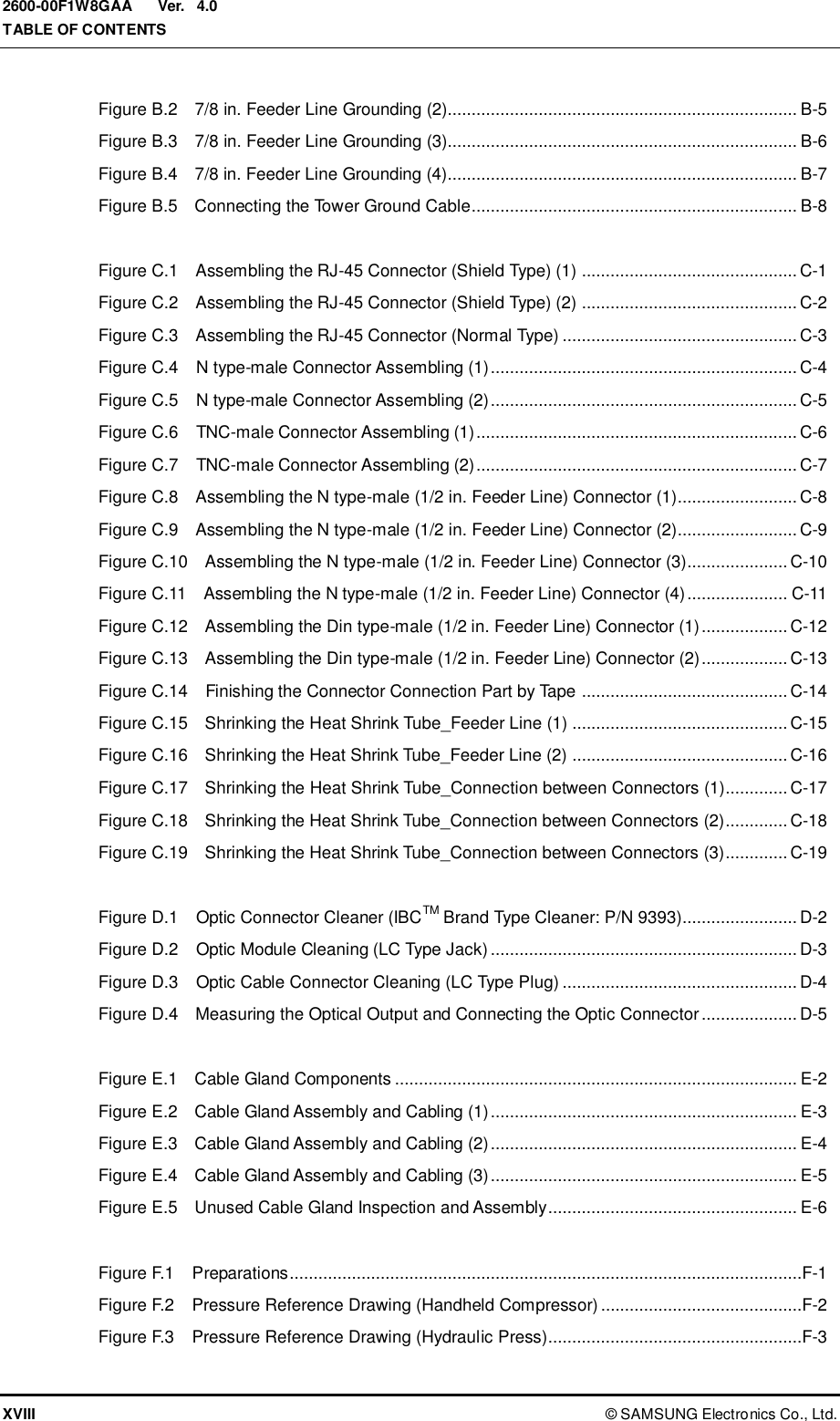  Ver.  TABLE OF CONTENTS XVIII ©  SAMSUNG Electronics Co., Ltd. 2600-00F1W8GAA 4.0 Figure B.2    7/8 in. Feeder Line Grounding (2)......................................................................... B-5 Figure B.3    7/8 in. Feeder Line Grounding (3)......................................................................... B-6 Figure B.4    7/8 in. Feeder Line Grounding (4)......................................................................... B-7 Figure B.5    Connecting the Tower Ground Cable .................................................................... B-8  Figure C.1    Assembling the RJ-45 Connector (Shield Type) (1) ............................................. C-1 Figure C.2    Assembling the RJ-45 Connector (Shield Type) (2) ............................................. C-2 Figure C.3    Assembling the RJ-45 Connector (Normal Type) ................................................. C-3 Figure C.4    N type-male Connector Assembling (1) ................................................................ C-4 Figure C.5    N type-male Connector Assembling (2) ................................................................ C-5 Figure C.6    TNC-male Connector Assembling (1) ................................................................... C-6 Figure C.7    TNC-male Connector Assembling (2) ................................................................... C-7 Figure C.8    Assembling the N type-male (1/2 in. Feeder Line) Connector (1)......................... C-8 Figure C.9    Assembling the N type-male (1/2 in. Feeder Line) Connector (2)......................... C-9 Figure C.10    Assembling the N type-male (1/2 in. Feeder Line) Connector (3)..................... C-10 Figure C.11    Assembling the N type-male (1/2 in. Feeder Line) Connector (4) ..................... C-11 Figure C.12    Assembling the Din type-male (1/2 in. Feeder Line) Connector (1) .................. C-12 Figure C.13    Assembling the Din type-male (1/2 in. Feeder Line) Connector (2) .................. C-13 Figure C.14    Finishing the Connector Connection Part by Tape ........................................... C-14 Figure C.15    Shrinking the Heat Shrink Tube_Feeder Line (1) ............................................. C-15 Figure C.16    Shrinking the Heat Shrink Tube_Feeder Line (2) ............................................. C-16 Figure C.17    Shrinking the Heat Shrink Tube_Connection between Connectors (1)............. C-17 Figure C.18    Shrinking the Heat Shrink Tube_Connection between Connectors (2)............. C-18 Figure C.19    Shrinking the Heat Shrink Tube_Connection between Connectors (3)............. C-19  Figure D.1    Optic Connector Cleaner (IBCTM Brand Type Cleaner: P/N 9393)........................ D-2 Figure D.2    Optic Module Cleaning (LC Type Jack) ................................................................ D-3 Figure D.3    Optic Cable Connector Cleaning (LC Type Plug) ................................................. D-4 Figure D.4    Measuring the Optical Output and Connecting the Optic Connector .................... D-5  Figure E.1    Cable Gland Components .................................................................................... E-2 Figure E.2    Cable Gland Assembly and Cabling (1) ................................................................ E-3 Figure E.3    Cable Gland Assembly and Cabling (2) ................................................................ E-4 Figure E.4    Cable Gland Assembly and Cabling (3) ................................................................ E-5 Figure E.5    Unused Cable Gland Inspection and Assembly .................................................... E-6  Figure F.1    Preparations ...........................................................................................................F-1 Figure F.2    Pressure Reference Drawing (Handheld Compressor) ..........................................F-2 Figure F.3    Pressure Reference Drawing (Hydraulic Press) .....................................................F-3 