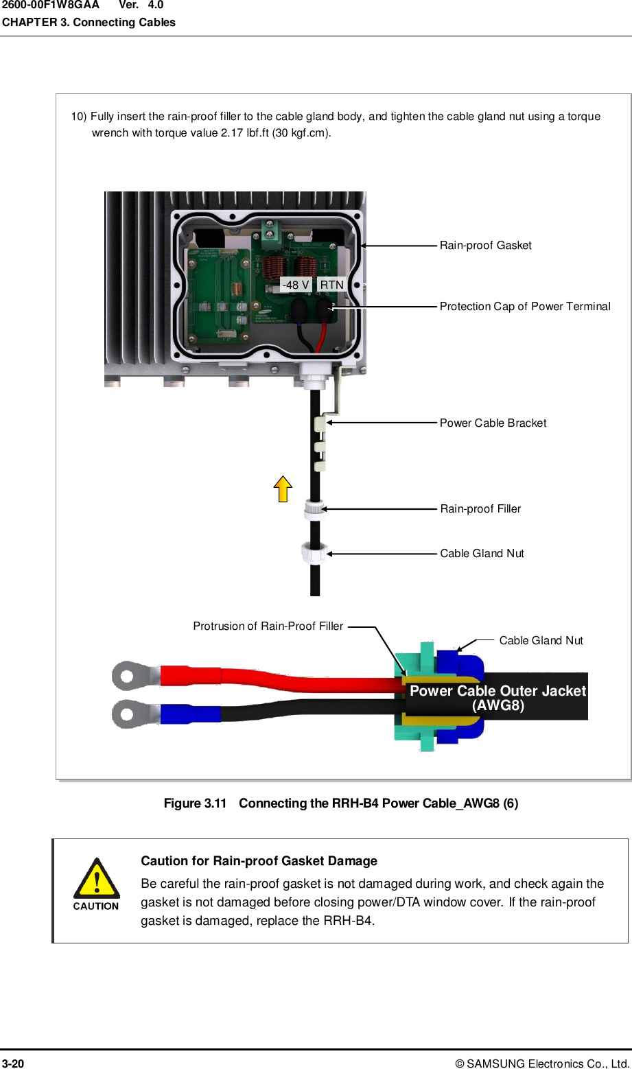  Ver.  CHAPTER 3. Connecting Cables 3-20 ©  SAMSUNG Electronics Co., Ltd. 2600-00F1W8GAA 4.0  Figure 3.11  Connecting the RRH-B4 Power Cable_AWG8 (6)    Caution for Rain-proof Gasket Damage   Be careful the rain-proof gasket is not damaged during work, and check again the gasket is not damaged before closing power/DTA window cover. If the rain-proof gasket is damaged, replace the RRH-B4.  Rain-proof Filler 10) Fully insert the rain-proof filler to the cable gland body, and tighten the cable gland nut using a torque wrench with torque value 2.17 lbf.ft (30 kgf.cm). Protrusion of Rain-Proof Filler Cable Gland Nut Power Cable Bracket  RTN -48 V Power Cable Outer Jacket   (AWG8) Cable Gland Nut Rain-proof Gasket  Protection Cap of Power Terminal 