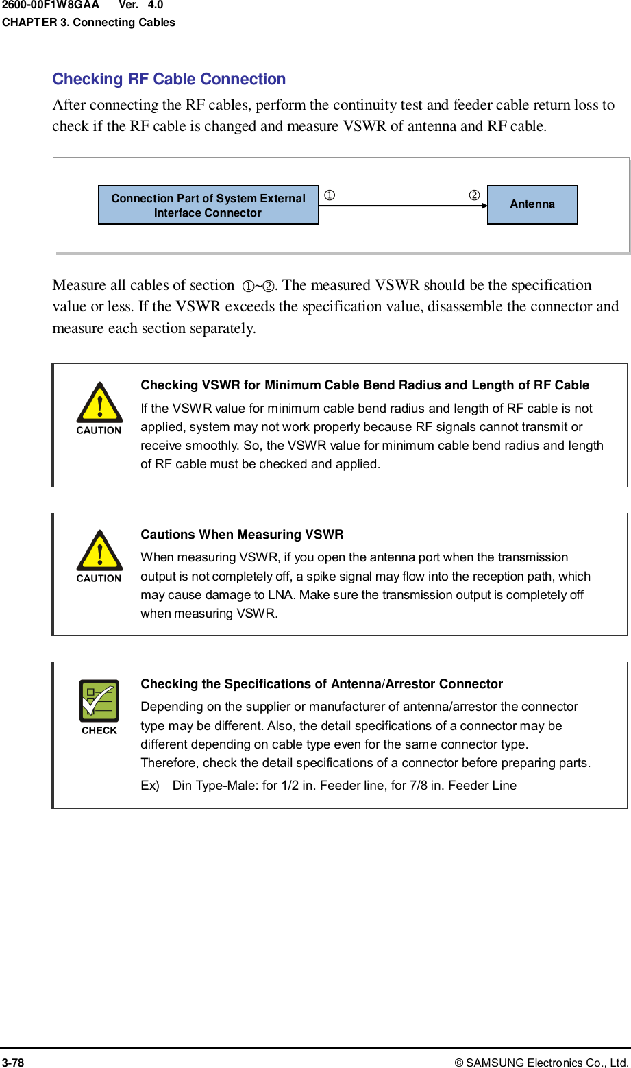  Ver.  CHAPTER 3. Connecting Cables 3-78 © SAMSUNG Electronics Co., Ltd. 2600-00F1W8GAA 4.0 Checking RF Cable Connection After connecting the RF cables, perform the continuity test and feeder cable return loss to check if the RF cable is changed and measure VSWR of antenna and RF cable.     Measure all cables of section  ~ . The measured VSWR should be the specification value or less. If the VSWR exceeds the specification value, disassemble the connector and measure each section separately.     Checking VSWR for Minimum Cable Bend Radius and Length of RF Cable   If the VSWR value for minimum cable bend radius and length of RF cable is not applied, system may not work properly because RF signals cannot transmit or receive smoothly. So, the VSWR value for minimum cable bend radius and length of RF cable must be checked and applied.   Cautions When Measuring VSWR   When measuring VSWR, if you open the antenna port when the transmission output is not completely off, a spike signal may flow into the reception path, which may cause damage to LNA. Make sure the transmission output is completely off when measuring VSWR.     Checking the Specifications of Antenna/Arrestor Connector  Depending on the supplier or manufacturer of antenna/arrestor the connector type may be different. Also, the detail specifications of a connector may be different depending on cable type even for the same connector type. Therefore, check the detail specifications of a connector before preparing parts.   Ex)    Din Type-Male: for 1/2 in. Feeder line, for 7/8 in. Feeder Line   Connection Part of System External Interface Connector   Antenna    