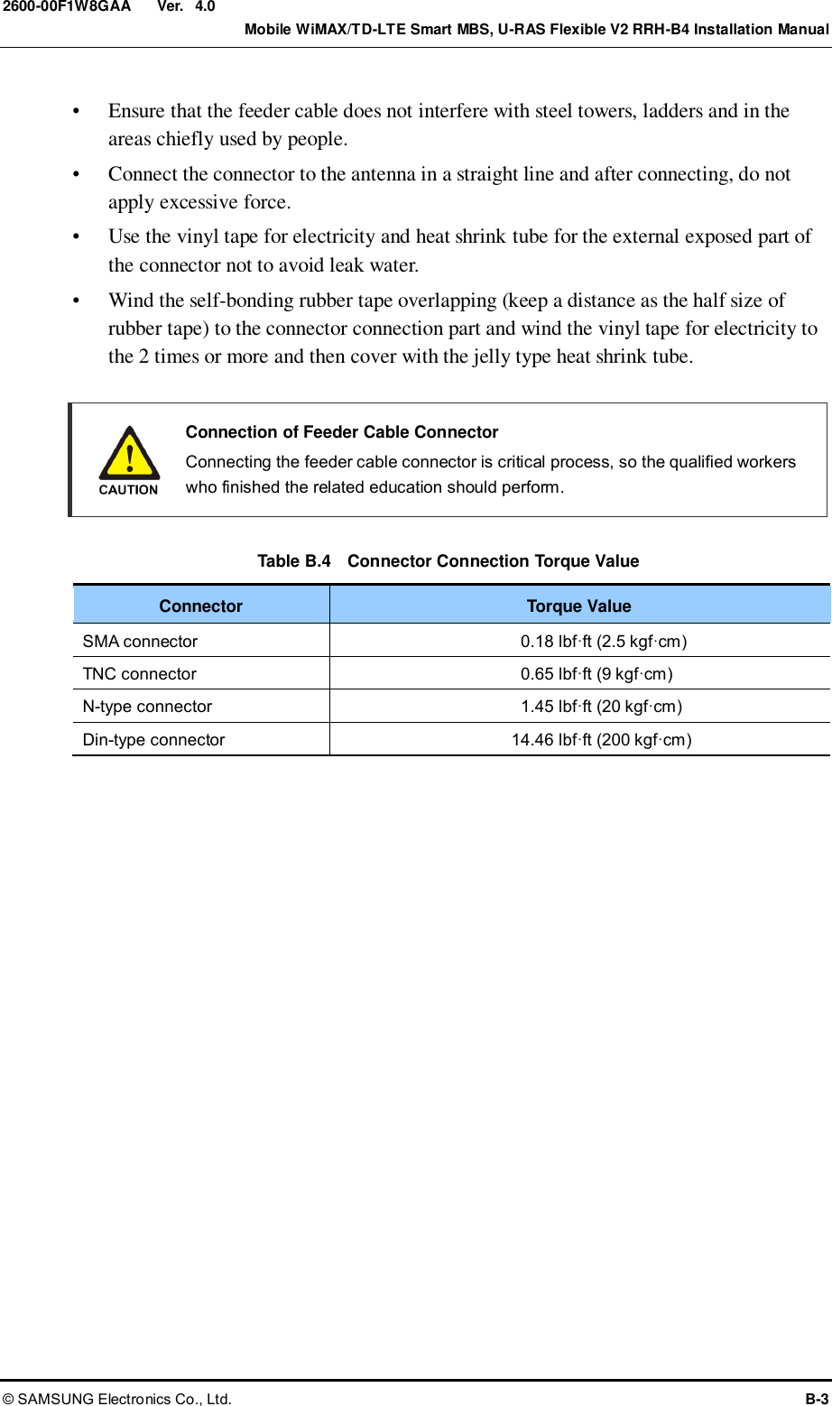  Ver.    Mobile WiMAX/TD-LTE Smart MBS, U-RAS Flexible V2 RRH-B4 Installation Manual © SAMSUNG Electronics Co., Ltd.  B-3 2600-00F1W8GAA 4.0  Ensure that the feeder cable does not interfere with steel towers, ladders and in the areas chiefly used by people.  Connect the connector to the antenna in a straight line and after connecting, do not apply excessive force.  Use the vinyl tape for electricity and heat shrink tube for the external exposed part of the connector not to avoid leak water.  Wind the self-bonding rubber tape overlapping (keep a distance as the half size of rubber tape) to the connector connection part and wind the vinyl tape for electricity to the 2 times or more and then cover with the jelly type heat shrink tube.    Connection of Feeder Cable Connector   Connecting the feeder cable connector is critical process, so the qualified workers who finished the related education should perform.  Table B.4   Connector Connection Torque Value Connector Torque Value SMA connector 0.18 lbf·ft (2.5 kgf·cm) TNC connector 0.65 lbf·ft (9 kgf·cm) N-type connector 1.45 lbf·ft (20 kgf·cm) Din-type connector 14.46 lbf·ft (200 kgf·cm)  