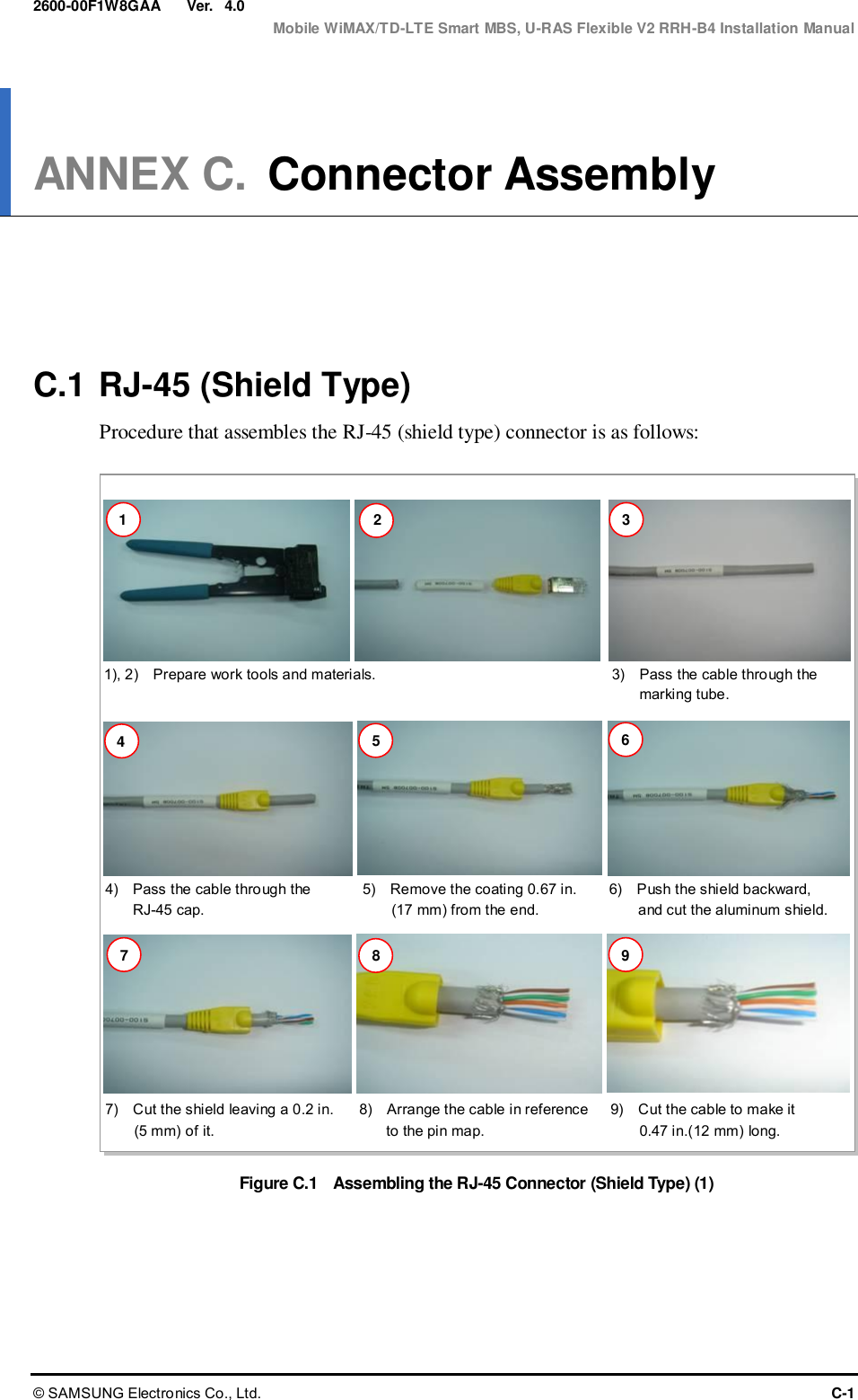  Ver.  Mobile WiMAX/TD-LTE Smart MBS, U-RAS Flexible V2 RRH-B4 Installation Manual © SAMSUNG Electronics Co., Ltd.  C-1 2600-00F1W8GAA 4.0 ANNEX C. Connector Assembly      C.1 RJ-45 (Shield Type) Procedure that assembles the RJ-45 (shield type) connector is as follows:  Figure C.1   Assembling the RJ-45 Connector (Shield Type) (1)  1), 2)    Prepare work tools and materials. 4)    Pass the cable through the   RJ-45 cap. 5)    Remove the coating 0.67 in. (17 mm) from the end. 6)    Push the shield backward,   and cut the aluminum shield. 7)    Cut the shield leaving a 0.2 in. (5 mm) of it. 8)    Arrange the cable in reference   to the pin map. 9)    Cut the cable to make it   0.47 in.(12 mm) long. 3)    Pass the cable through the   marking tube. 1 2 3 4 5 6 7 8 9 