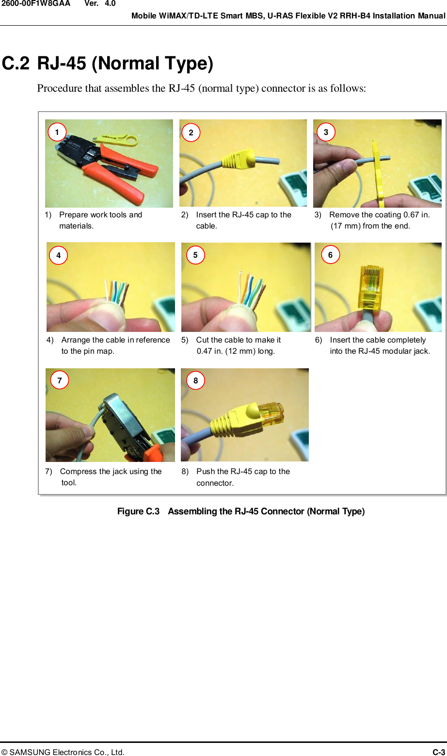  Ver.    Mobile WiMAX/TD-LTE Smart MBS, U-RAS Flexible V2 RRH-B4 Installation Manual © SAMSUNG Electronics Co., Ltd.  C-3 2600-00F1W8GAA 4.0 C.2 RJ-45 (Normal Type) Procedure that assembles the RJ-45 (normal type) connector is as follows:  Figure C.3   Assembling the RJ-45 Connector (Normal Type)  1)    Prepare work tools and   materials. 2)    Insert the RJ-45 cap to the   cable. 3)    Remove the coating 0.67 in. (17 mm) from the end. 4)    Arrange the cable in reference   to the pin map. 5)    Cut the cable to make it   0.47 in. (12 mm) long. 1 2 3  4 5 6   7 8 7)    Compress the jack using the   tool. 6)    Insert the cable completely   into the RJ-45 modular jack. 8)    Push the RJ-45 cap to the   connector. 