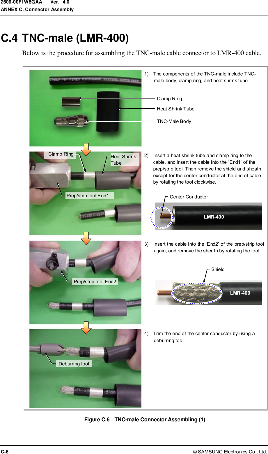  Ver.  ANNEX C. Connector Assembly C-6 © SAMSUNG Electronics Co., Ltd. 2600-00F1W8GAA 4.0 C.4 TNC-male (LMR-400) Below is the procedure for assembling the TNC-male cable connector to LMR-400 cable.  Figure C.6    TNC-male Connector Assembling (1) 1)    The components of the TNC-male include TNC-male body, clamp ring, and heat shrink tube.   2)    Insert a heat shrink tube and clamp ring to the cable, and insert the cable into the ‘End1’ of the prep/strip tool. Then remove the shield and sheath except for the center conductor at the end of cable by rotating the tool clockwise.   3)    Insert the cable into the ‘End2’ of the prep/strip tool again, and remove the sheath by rotating the tool. 4)    Trim the end of the center conductor by using a deburring tool. Heat Shrink Tube Clamp Ring TNC-Male Body Prep/strip tool End1 Prep/strip tool End2   Deburring tool   Clamp Ring Heat Shrink Tube LMR-400 Center Conductor LMR-400 Shield 