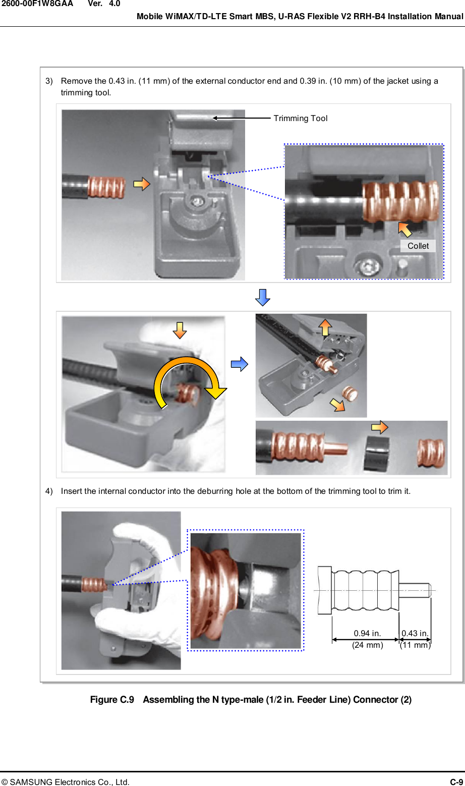  Ver.    Mobile WiMAX/TD-LTE Smart MBS, U-RAS Flexible V2 RRH-B4 Installation Manual © SAMSUNG Electronics Co., Ltd.  C-9 2600-00F1W8GAA 4.0  Figure C.9  Assembling the N type-male (1/2 in. Feeder Line) Connector (2)    Trimming Tool 3)    Remove the 0.43 in. (11 mm) of the external conductor end and 0.39 in. (10 mm) of the jacket using a trimming tool.  Collet 4)    Insert the internal conductor into the deburring hole at the bottom of the trimming tool to trim it.  0.94 in.   (24 mm)  0.43 in. (11 mm)  