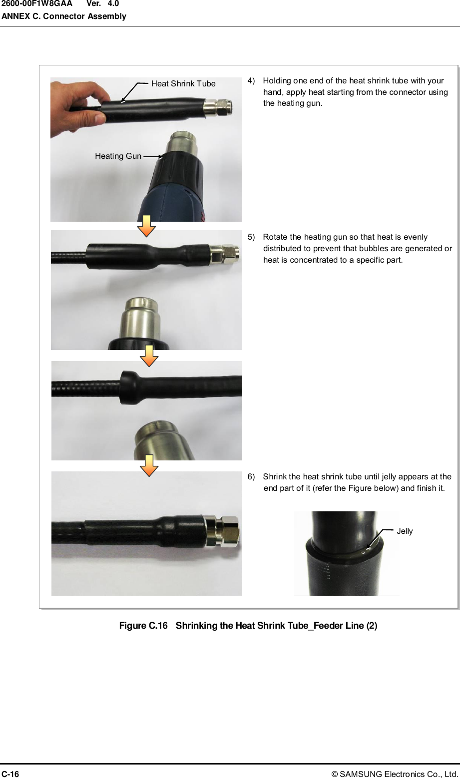  Ver.  ANNEX C. Connector Assembly C-16 © SAMSUNG Electronics Co., Ltd. 2600-00F1W8GAA 4.0  Figure C.16  Shrinking the Heat Shrink Tube_Feeder Line (2)  6)    Shrink the heat shrink tube until jelly appears at the end part of it (refer the Figure below) and finish it. 4)    Holding one end of the heat shrink tube with your hand, apply heat starting from the connector using the heating gun. 5)    Rotate the heating gun so that heat is evenly distributed to prevent that bubbles are generated or heat is concentrated to a specific part. Heat Shrink Tube Heating Gun Jelly 