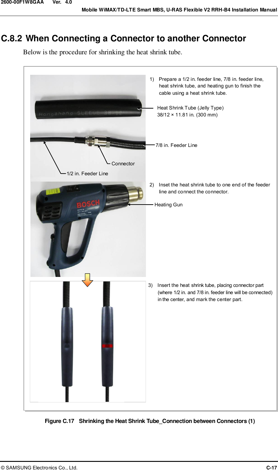  Ver.    Mobile WiMAX/TD-LTE Smart MBS, U-RAS Flexible V2 RRH-B4 Installation Manual © SAMSUNG Electronics Co., Ltd.  C-17 2600-00F1W8GAA 4.0 C.8.2 When Connecting a Connector to another Connector Below is the procedure for shrinking the heat shrink tube.  Figure C.17  Shrinking the Heat Shrink Tube_Connection between Connectors (1)  1)    Prepare a 1/2 in. feeder line, 7/8 in. feeder line, heat shrink tube, and heating gun to finish the cable using a heat shrink tube. 3)    Insert the heat shrink tube, placing connector part   (where 1/2 in. and 7/8 in. feeder line will be connected) in the center, and mark the center part. Heat Shrink Tube (Jelly Type) 38/12 × 11.81 in. (300 mm)   7/8 in. Feeder Line Connector 1/2 in. Feeder Line Heating Gun 2)    Inset the heat shrink tube to one end of the feeder line and connect the connector. 