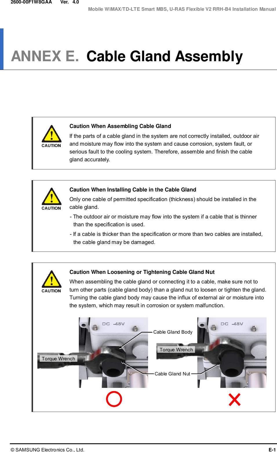  Ver.  Mobile WiMAX/TD-LTE Smart MBS, U-RAS Flexible V2 RRH-B4 Installation Manual © SAMSUNG Electronics Co., Ltd.  E-1 2600-00F1W8GAA 4.0 ANNEX E.  Cable Gland Assembly       Caution When Assembling Cable Gland   If the parts of a cable gland in the system are not correctly installed, outdoor air and moisture may flow into the system and cause corrosion, system fault, or serious fault to the cooling system. Therefore, assemble and finish the cable gland accurately.   Caution When Installing Cable in the Cable Gland   Only one cable of permitted specification (thickness) should be installed in the cable gland.   - The outdoor air or moisture may flow into the system if a cable that is thinner than the specification is used.   - If a cable is thicker than the specification or more than two cables are installed, the cable gland may be damaged.   Caution When Loosening or Tightening Cable Gland Nut  When assembling the cable gland or connecting it to a cable, make sure not to turn other parts (cable gland body) than a gland nut to loosen or tighten the gland. Turning the cable gland body may cause the influx of external air or moisture into the system, which may result in corrosion or system malfunction.           Cable Gland Nut Cable Gland Body Torque Wrench Torque Wrench 