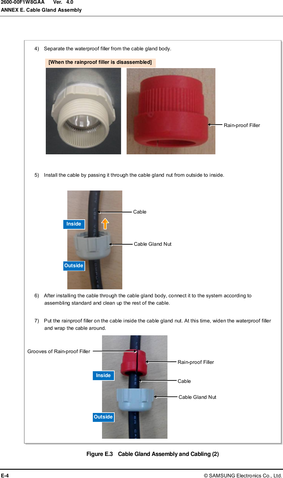  Ver.  ANNEX E. Cable Gland Assembly E-4 © SAMSUNG Electronics Co., Ltd. 2600-00F1W8GAA 4.0  Figure E.3    Cable Gland Assembly and Cabling (2) 4)    Separate the waterproof filler from the cable gland body. 6)    After installing the cable through the cable gland body, connect it to the system according to assembling standard and clean up the rest of the cable.  5)    Install the cable by passing it through the cable gland nut from outside to inside.  Rain-proof Filler [When the rainproof filler is disassembled] Cable Gland Nut Cable Inside Outside 7)    Put the rainproof filler on the cable inside the cable gland nut. At this time, widen the waterproof filler and wrap the cable around. Rain-proof Filler Cable Cable Gland Nut Grooves of Rain-proof Filler Inside Outside 