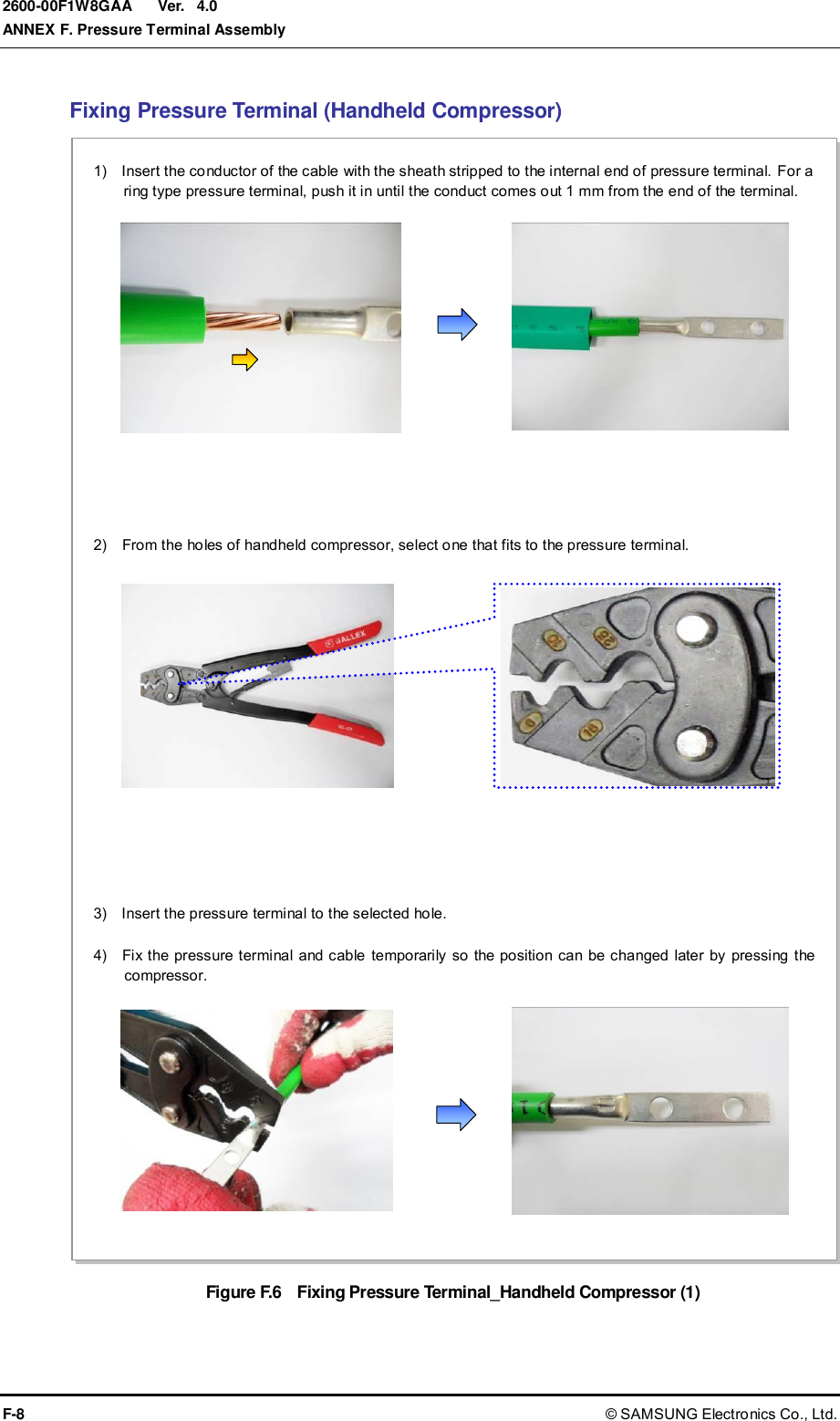  Ver.  ANNEX F. Pressure Terminal Assembly F-8 © SAMSUNG Electronics Co., Ltd. 2600-00F1W8GAA 4.0 Fixing Pressure Terminal (Handheld Compressor) Figure F.6    Fixing Pressure Terminal_Handheld Compressor (1)  1)    Insert the conductor of the cable with the sheath stripped to the internal end of pressure terminal. For a ring type pressure terminal, push it in until the conduct comes out 1 mm from the end of the terminal.  2)    From the holes of handheld compressor, select one that fits to the pressure terminal.  3)  Insert the pressure terminal to the selected hole.  4)    Fix the pressure terminal  and cable  temporarily  so the position can be changed later by  pressing the compressor.  