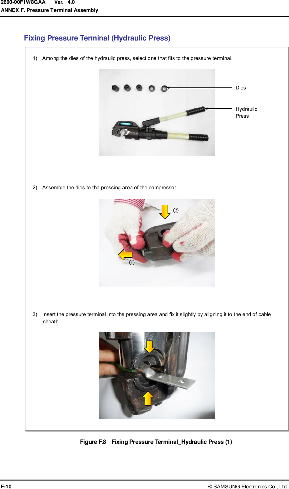  Ver.  ANNEX F. Pressure Terminal Assembly F-10 © SAMSUNG Electronics Co., Ltd. 2600-00F1W8GAA 4.0 Fixing Pressure Terminal (Hydraulic Press) Figure F.8    Fixing Pressure Terminal_Hydraulic Press (1) 1)    Among the dies of the hydraulic press, select one that fits to the pressure terminal.  Dies Hydraulic Press 2)    Assemble the dies to the pressing area of the compressor.    3)    Insert the pressure terminal into the pressing area and fix it slightly by aligning it to the end of cable sheath.  