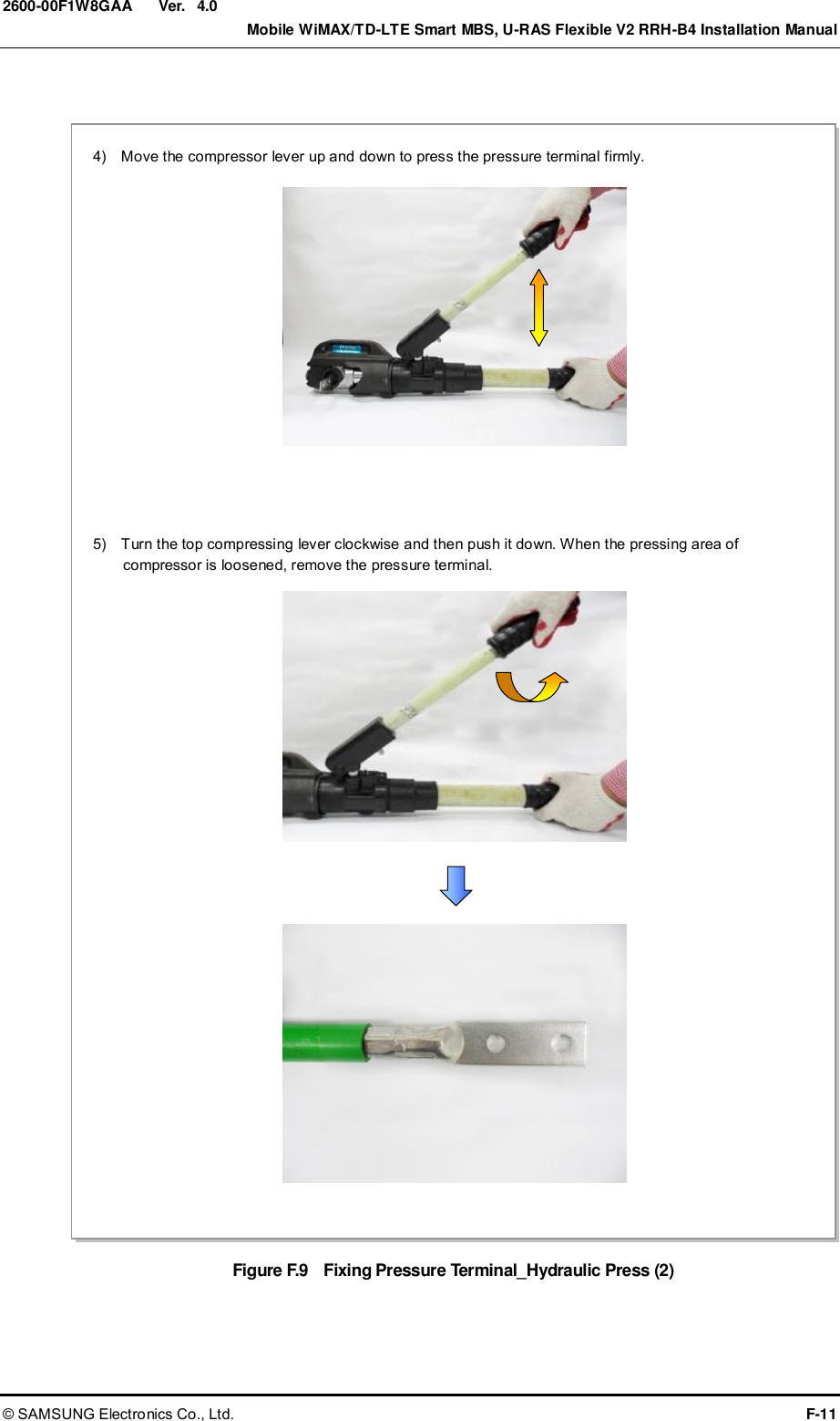  Ver.    Mobile WiMAX/TD-LTE Smart MBS, U-RAS Flexible V2 RRH-B4 Installation Manual © SAMSUNG Electronics Co., Ltd.  F-11 2600-00F1W8GAA 4.0  Figure F.9    Fixing Pressure Terminal_Hydraulic Press (2)  4)    Move the compressor lever up and down to press the pressure terminal firmly. 5)    Turn the top compressing lever clockwise and then push it down. When the pressing area of compressor is loosened, remove the pressure terminal.  