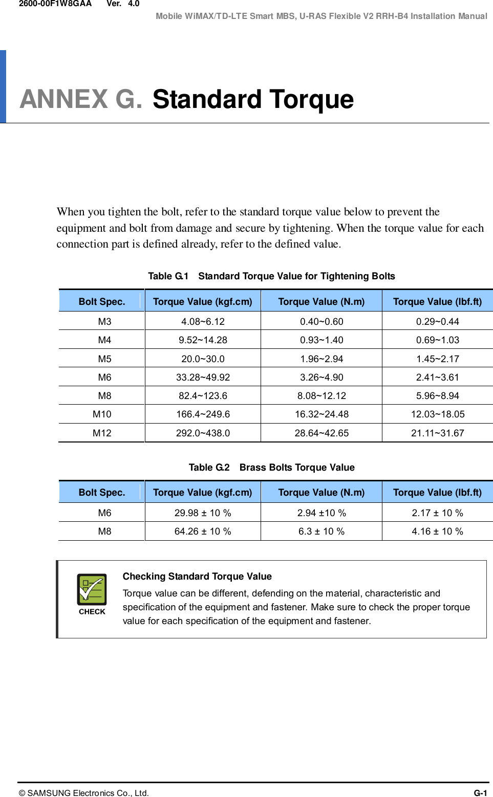  Ver.  Mobile WiMAX/TD-LTE Smart MBS, U-RAS Flexible V2 RRH-B4 Installation Manual © SAMSUNG Electronics Co., Ltd.  G-1 2600-00F1W8GAA 4.0 ANNEX G. Standard Torque      When you tighten the bolt, refer to the standard torque value below to prevent the equipment and bolt from damage and secure by tightening. When the torque value for each connection part is defined already, refer to the defined value.  Table G.1    Standard Torque Value for Tightening Bolts Bolt Spec. Torque Value (kgf.cm) Torque Value (N.m) Torque Value (lbf.ft) M3 4.08~6.12 0.40~0.60 0.29~0.44 M4 9.52~14.28 0.93~1.40 0.69~1.03 M5 20.0~30.0 1.96~2.94 1.45~2.17 M6 33.28~49.92 3.26~4.90 2.41~3.61 M8 82.4~123.6 8.08~12.12 5.96~8.94 M10 166.4~249.6 16.32~24.48 12.03~18.05 M12 292.0~438.0 28.64~42.65 21.11~31.67  Table G.2    Brass Bolts Torque Value Bolt Spec. Torque Value (kgf.cm) Torque Value (N.m) Torque Value (lbf.ft) M6 29.98 ± 10 % 2.94 ±10 % 2.17 ± 10 % M8 64.26 ± 10 % 6.3 ± 10 % 4.16 ± 10 %    Checking Standard Torque Value   Torque value can be different, defending on the material, characteristic and specification of the equipment and fastener. Make sure to check the proper torque value for each specification of the equipment and fastener.  