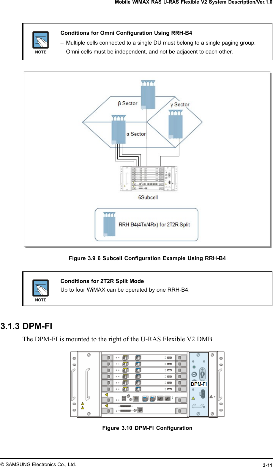 MobileWiMAXRASU-RASFlexibleV2SystemDescription/Ver.1.0ConditionsforOmniCongurationUsingRRH-B4–MultiplecellsconnectedtoasingleDUmustbelongtoasinglepaginggroup.–Omnicellsmustbeindependent,andnotbeadjacenttoeachother.Figure3.96SubcellCongurationExampleUsingRRH-B4Conditionsfor2T2RSplitModeUptofourWiMAXcanbeoperatedbyoneRRH-B4.3.1.3DPM-FITheDPM-FIismountedtotherightoftheU-RASFlexibleV2DMB.Figure3.10DPM-FIConguration©SAMSUNGElectronicsCo.,Ltd.3-11