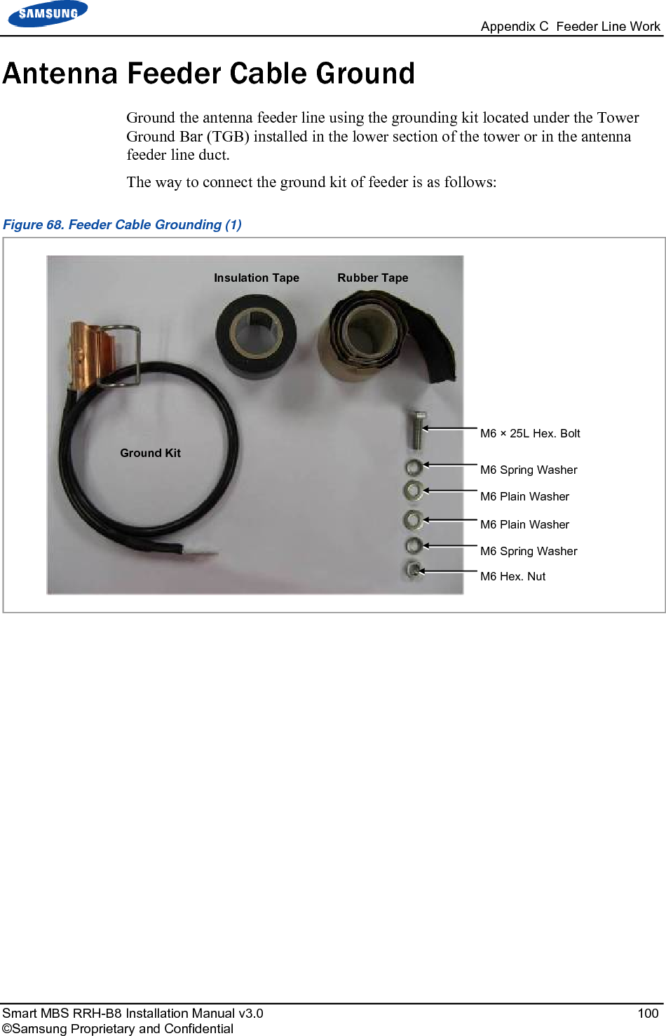   Appendix C  Feeder Line Work Smart MBS RRH-B8 Installation Manual v3.0   100 ©Samsung Proprietary and Confidential Antenna Feeder Cable Ground Ground the antenna feeder line using the grounding kit located under the Tower Ground Bar (TGB) installed in the lower section of the tower or in the antenna feeder line duct. The way to connect the ground kit of feeder is as follows: Figure 68. Feeder Cable Grounding (1)    M6 Hex. Nut Ground Kit Insulation Tape Rubber Tape  M6 × 25L Hex. Bolt M6 Spring Washer M6 Plain Washer M6 Plain Washer M6 Spring Washer 