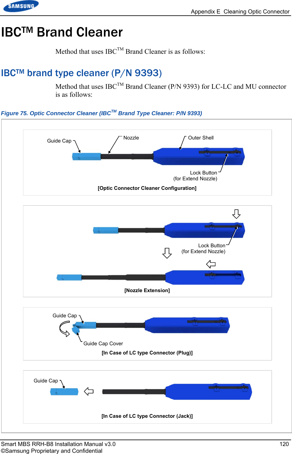   Appendix E  Cleaning Optic Connector Smart MBS RRH-B8 Installation Manual v3.0   120 ©Samsung Proprietary and Confidential IBCTM Brand Cleaner Method that uses IBCTM Brand Cleaner is as follows: IBCTM brand type cleaner (P/N 9393) Method that uses IBCTM Brand Cleaner (P/N 9393) for LC-LC and MU connector is as follows: Figure 75. Optic Connector Cleaner (IBCTM Brand Type Cleaner: P/N 9393)  Outer Shell[Optic Connector Cleaner Configuration]Nozzle Guide CapLock Button (for Extend Nozzle)[Nozzle Extension] [In Case of LC type Connector (Plug)] Guide CapGuide Cap Cover [In Case of LC type Connector (Jack)] Guide CapLock Button (for Extend Nozzle)