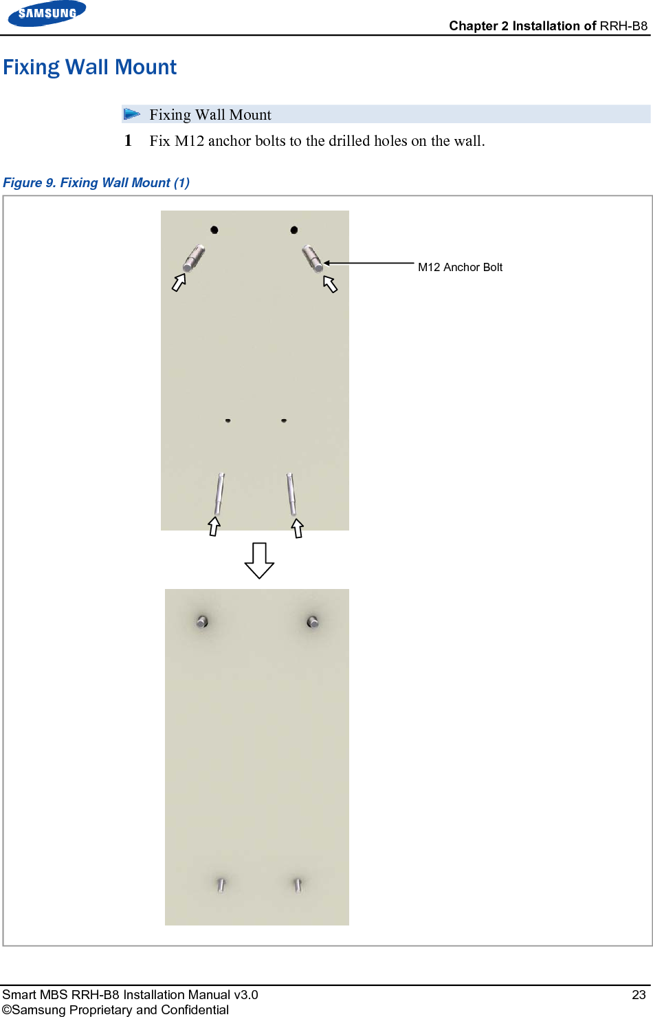  Chapter 2 Installation of RRH-B8 Smart MBS RRH-B8 Installation Manual v3.0   23 ©Samsung Proprietary and Confidential Fixing Wall Mount  Fixing Wall Mount 1  Fix M12 anchor bolts to the drilled holes on the wall. Figure 9. Fixing Wall Mount (1)  M12 Anchor Bolt 