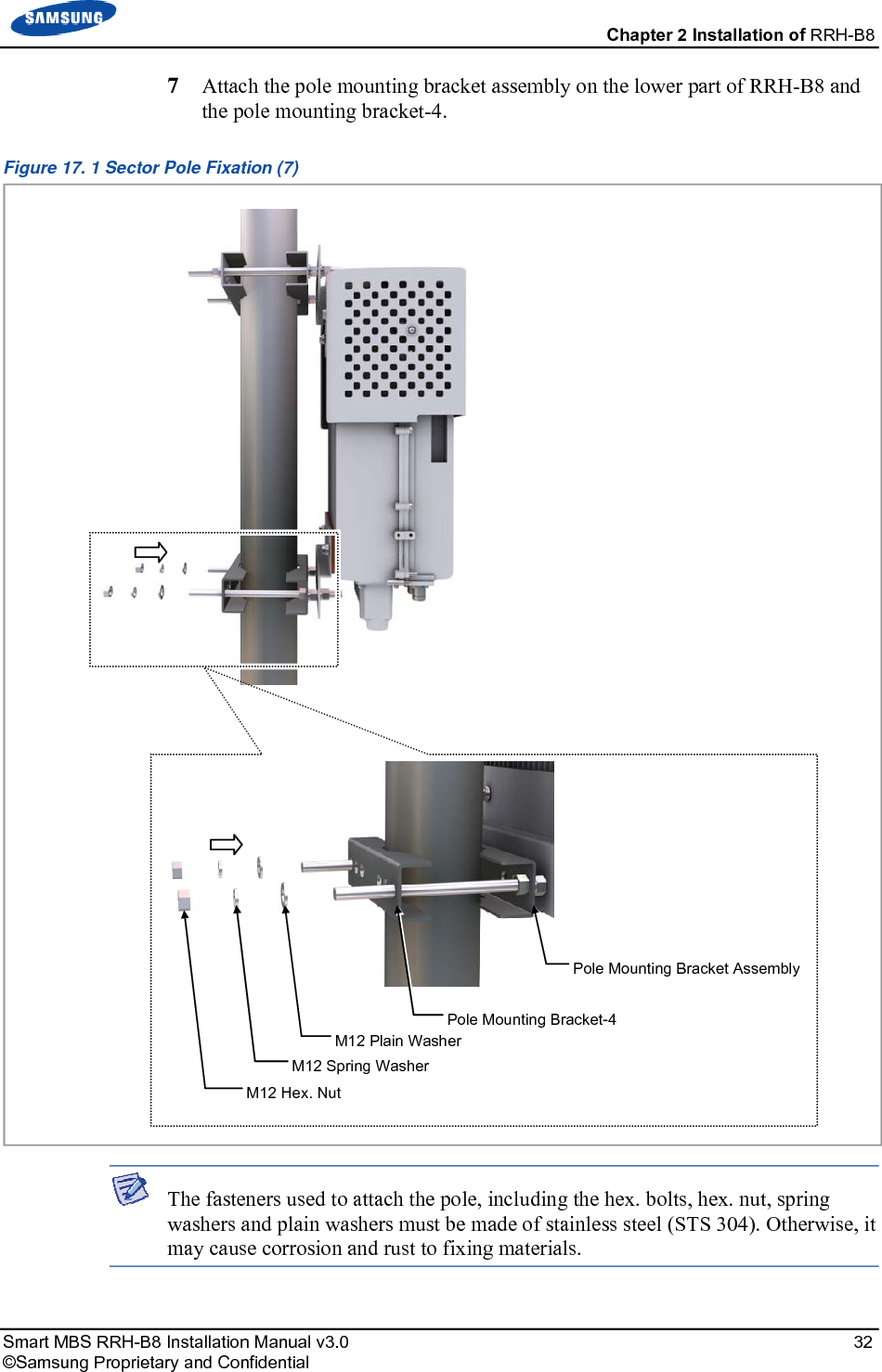 Chapter 2 Installation of RRH-B8 Smart MBS RRH-B8 Installation Manual v3.0 32 ©Samsung Proprietary and Confidential 7 Attach the pole mounting bracket assembly on the lower part of RRH-B8 and the pole mounting bracket-4. Figure 17. 1 Sector Pole Fixation (7) The fasteners used to attach the pole, including the hex. bolts, hex. nut, spring washers and plain washers must be made of stainless steel (STS 304). Otherwise, it may cause corrosion and rust to fixing materials. Pole Mounting Bracket-4 M12 Plain Washer M12 Spring Washer M12 Hex. Nut Pole Mounting Bracket Assembly