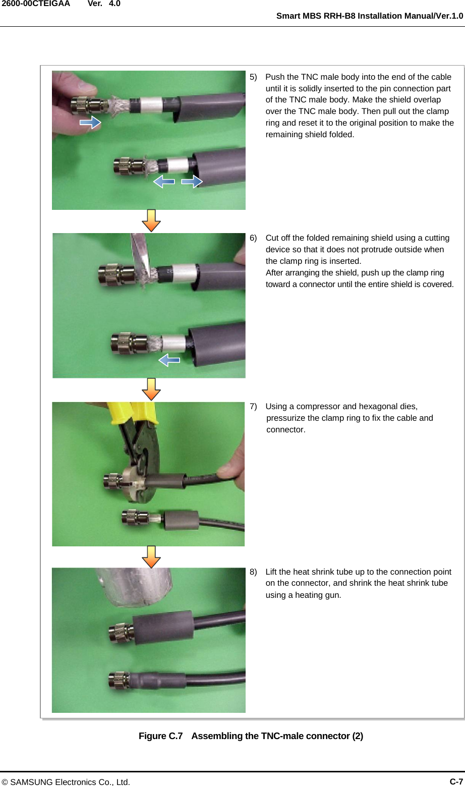  Ver.   Smart MBS RRH-B8 Installation Manual/Ver.1.0 2600-00CTEIGAA 4.0  Figure C.7   Assembling the TNC-male connector (2) 5)  Push the TNC male body into the end of the cable until it is solidly inserted to the pin connection part of the TNC male body. Make the shield overlap over the TNC male body. Then pull out the clamp ring and reset it to the original position to make the remaining shield folded. 6)  Cut off the folded remaining shield using a cutting device so that it does not protrude outside when the clamp ring is inserted.   After arranging the shield, push up the clamp ring toward a connector until the entire shield is covered. 7)  Using a compressor and hexagonal dies, pressurize the clamp ring to fix the cable and connector. 8)  Lift the heat shrink tube up to the connection point on the connector, and shrink the heat shrink tube using a heating gun. © SAMSUNG Electronics Co., Ltd. C-7 
