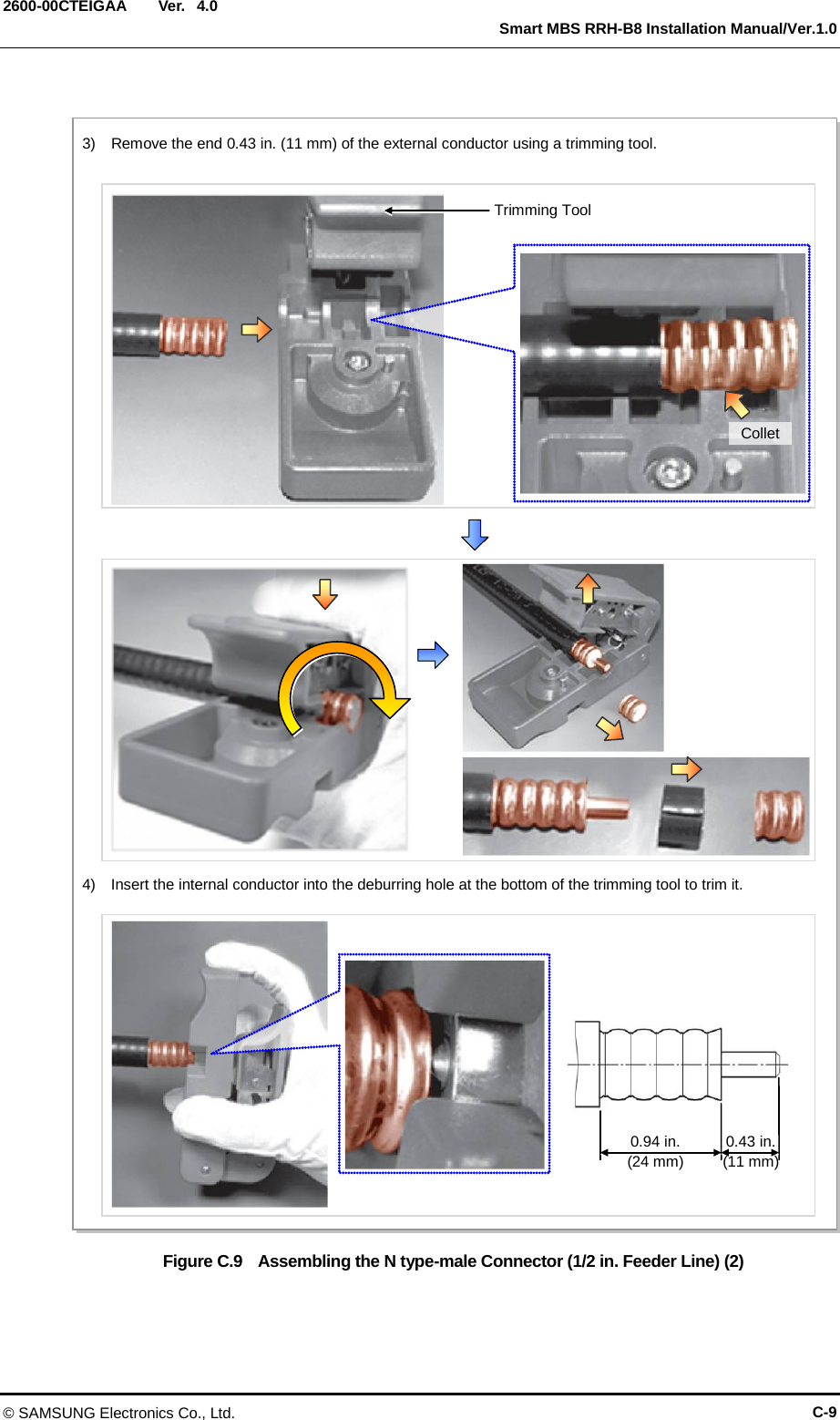  Ver.   Smart MBS RRH-B8 Installation Manual/Ver.1.0 2600-00CTEIGAA 4.0  Figure C.9  Assembling the N type-male Connector (1/2 in. Feeder Line) (2)   Trimming Tool 3)  Remove the end 0.43 in. (11 mm) of the external conductor using a trimming tool. Collet 4)    Insert the internal conductor into the deburring hole at the bottom of the trimming tool to trim it. 0.94 in. (24 mm) 0.43 in. (11 mm) © SAMSUNG Electronics Co., Ltd. C-9 