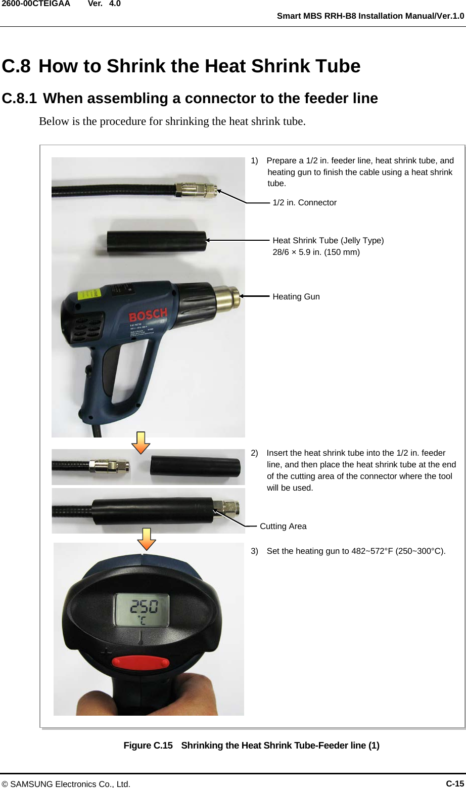  Ver.   Smart MBS RRH-B8 Installation Manual/Ver.1.0 2600-00CTEIGAA 4.0 C.8 How to Shrink the Heat Shrink Tube C.8.1 When assembling a connector to the feeder line Below is the procedure for shrinking the heat shrink tube.  Figure C.15  Shrinking the Heat Shrink Tube-Feeder line (1) 1)    Prepare a 1/2 in. feeder line, heat shrink tube, and heating gun to finish the cable using a heat shrink tube. 2)    Insert the heat shrink tube into the 1/2 in. feeder line, and then place the heat shrink tube at the end of the cutting area of the connector where the tool will be used. 3)    Set the heating gun to 482~572°F (250~300°C). Heat Shrink Tube (Jelly Type) 28/6 × 5.9 in. (150 mm) 1/2 in. Connector Heating Gun  Cutting Area © SAMSUNG Electronics Co., Ltd. C-15 