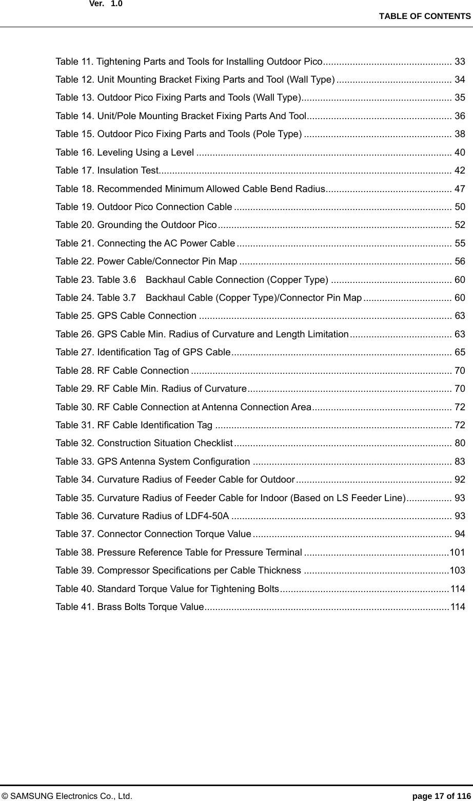  Ver.   TABLE OF CONTENTS © SAMSUNG Electronics Co., Ltd.  page 17 of 116 1.0 Table 11. Tightening Parts and Tools for Installing Outdoor Pico ................................................ 33 Table 12. Unit Mounting Bracket Fixing Parts and Tool (Wall Type) ...........................................  34 Table 13. Outdoor Pico Fixing Parts and Tools (Wall Type) ........................................................ 35 Table 14. Unit/Pole Mounting Bracket Fixing Parts And Tool ...................................................... 36 Table 15. Outdoor Pico Fixing Parts and Tools (Pole Type) ....................................................... 38 Table 16. Leveling Using a Level ............................................................................................... 40 Table 17. Insulation Test............................................................................................................. 42 Table 18. Recommended Minimum Allowed Cable Bend Radius ............................................... 47 Table 19. Outdoor Pico Connection Cable ................................................................................. 50 Table 20. Grounding the Outdoor Pico .......................................................................................  52 Table 21. Connecting the AC Power Cable ................................................................................  55 Table 22. Power Cable/Connector Pin Map ............................................................................... 56 Table 23. Table 3.6    Backhaul Cable Connection (Copper Type) ............................................. 60 Table 24. Table 3.7    Backhaul Cable (Copper Type)/Connector Pin Map ................................. 60 Table 25. GPS Cable Connection .............................................................................................. 63 Table 26. GPS Cable Min. Radius of Curvature and Length Limitation ......................................  63 Table 27. Identification Tag of GPS Cable .................................................................................. 65 Table 28. RF Cable Connection ................................................................................................. 70 Table 29. RF Cable Min. Radius of Curvature ............................................................................  70 Table 30. RF Cable Connection at Antenna Connection Area ....................................................  72 Table 31. RF Cable Identification Tag ........................................................................................ 72 Table 32. Construction Situation Checklist ................................................................................. 80 Table 33. GPS Antenna System Configuration .......................................................................... 83 Table 34. Curvature Radius of Feeder Cable for Outdoor ..........................................................  92 Table 35. Curvature Radius of Feeder Cable for Indoor (Based on LS Feeder Line) .................  93 Table 36. Curvature Radius of LDF4-50A .................................................................................. 93 Table 37. Connector Connection Torque Value .......................................................................... 94 Table 38. Pressure Reference Table for Pressure Terminal ......................................................101 Table 39. Compressor Specifications per Cable Thickness ......................................................103 Table 40. Standard Torque Value for Tightening Bolts ............................................................... 114 Table 41. Brass Bolts Torque Value ........................................................................................... 114    